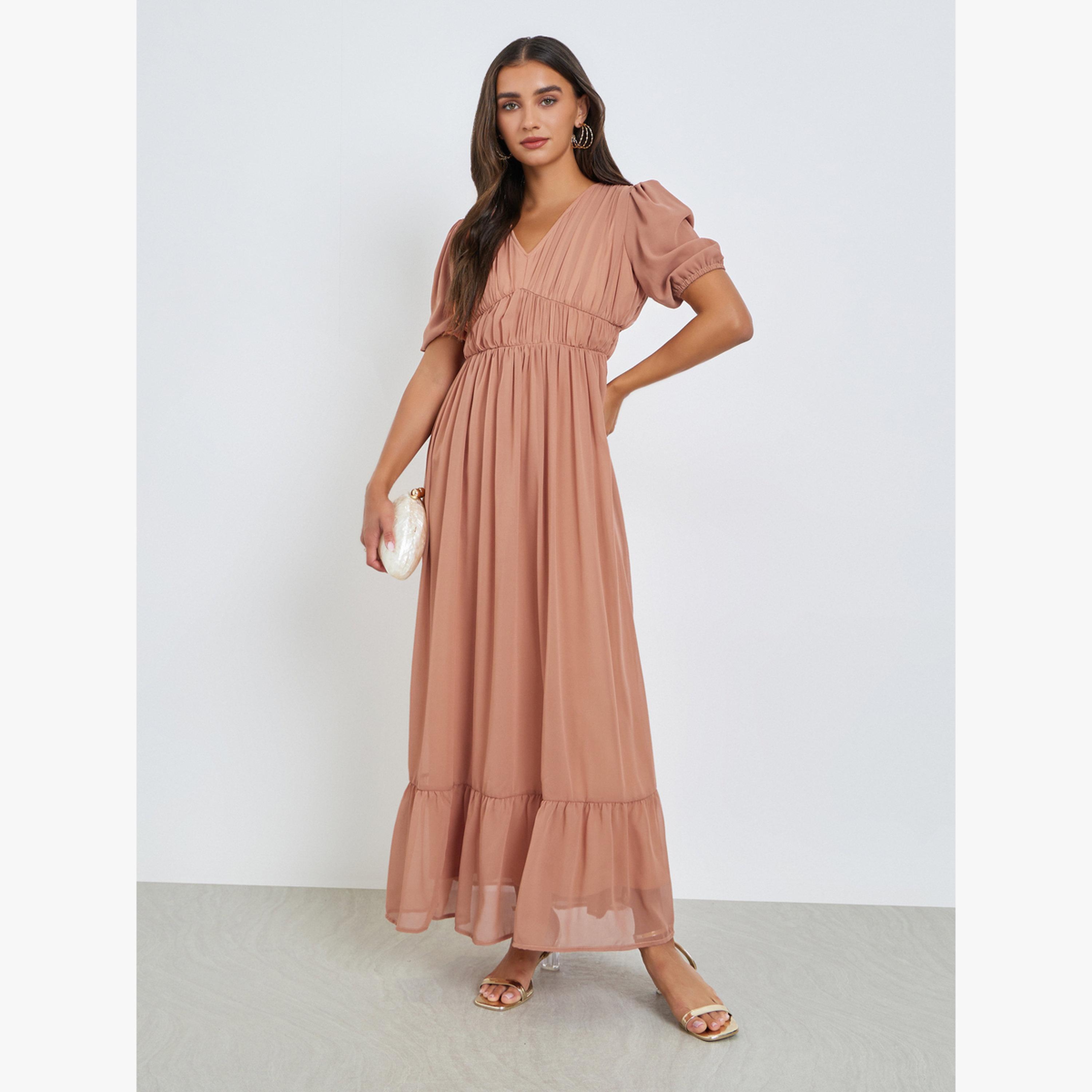 Styli Peach Ruched A-Line Maxi Dress-women-clothing-dresses-image-1
