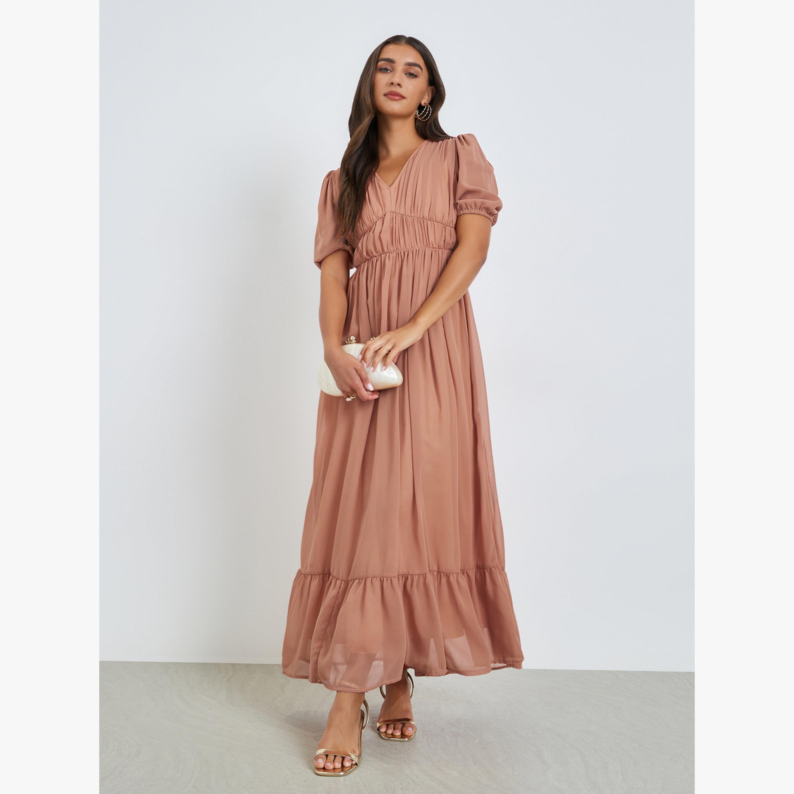 Styli Peach Ruched A-Line Maxi Dress-women-clothing-dresses-image-2