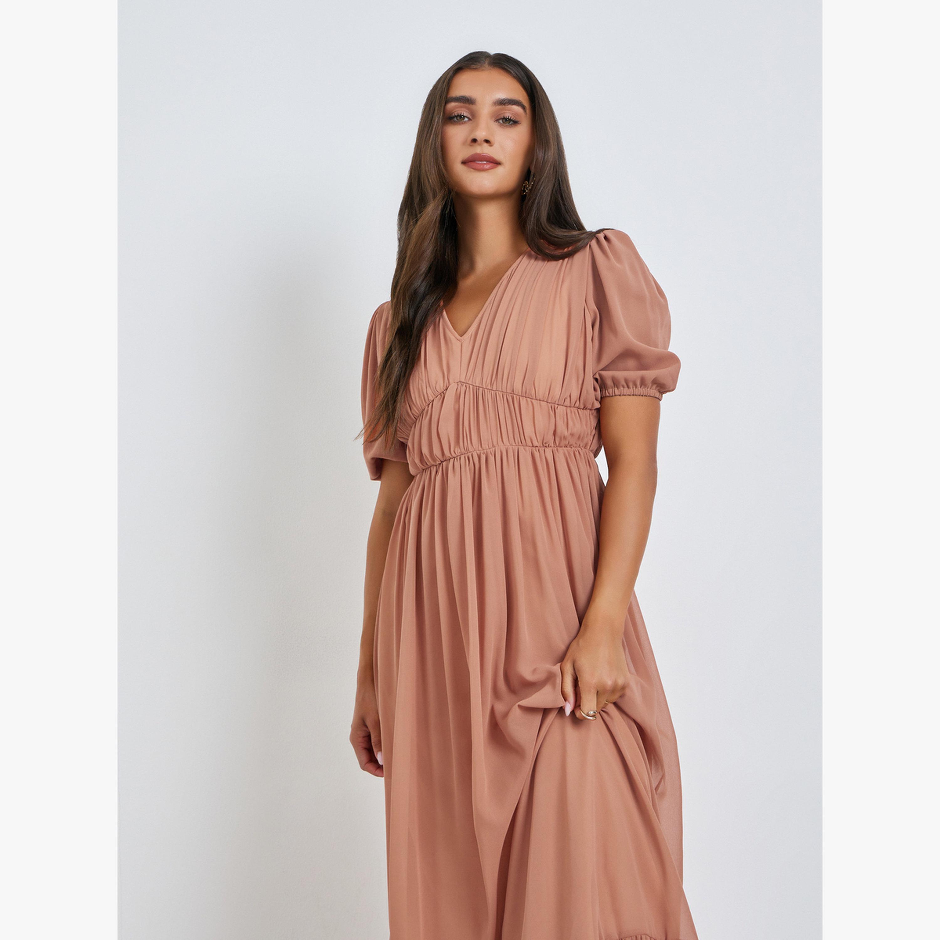 Styli Peach Ruched A-Line Maxi Dress-women-clothing-dresses-image-3