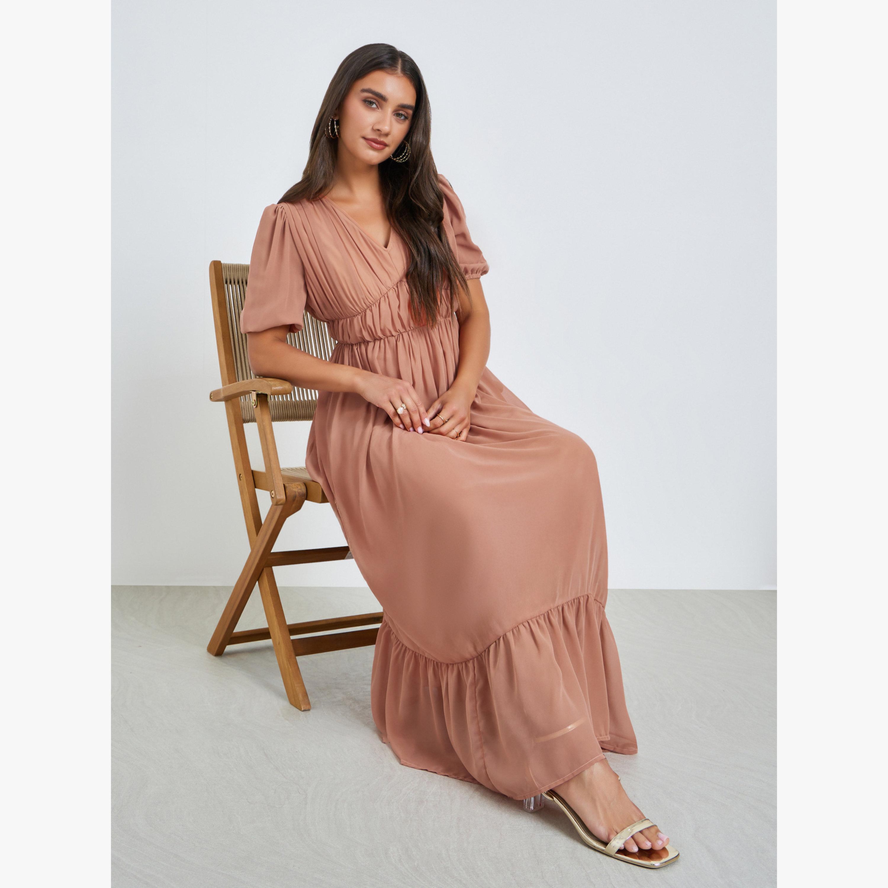 Styli Peach Ruched A-Line Maxi Dress-women-clothing-dresses-image-4