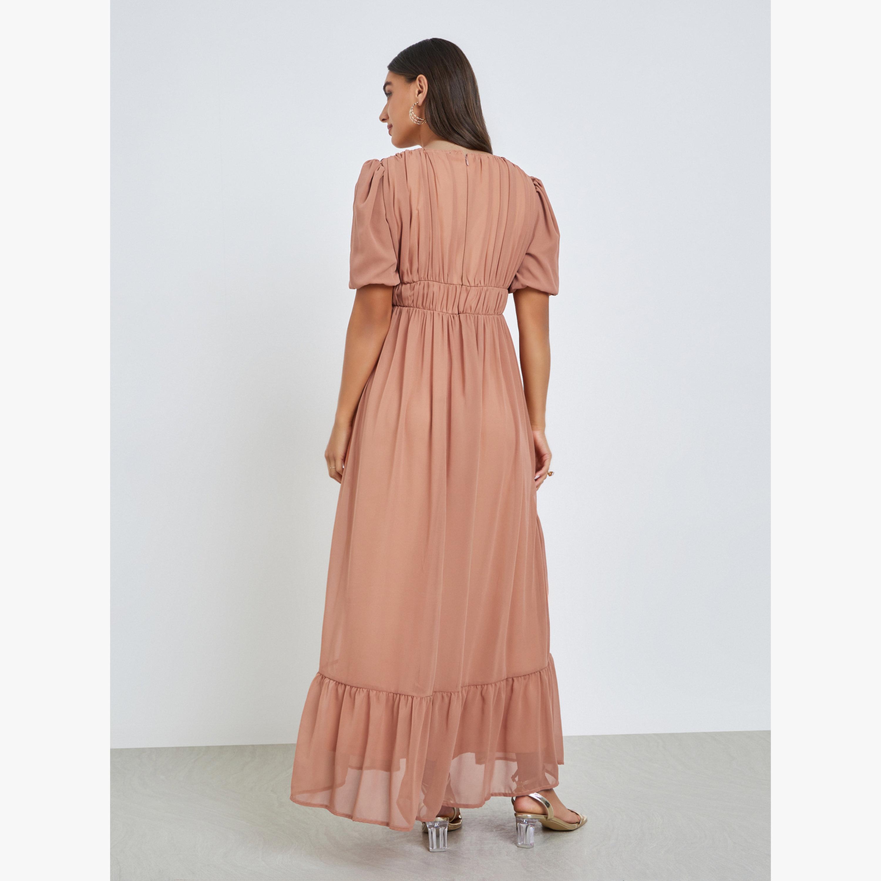 Styli Peach Ruched A-Line Maxi Dress-women-clothing-dresses-image-5