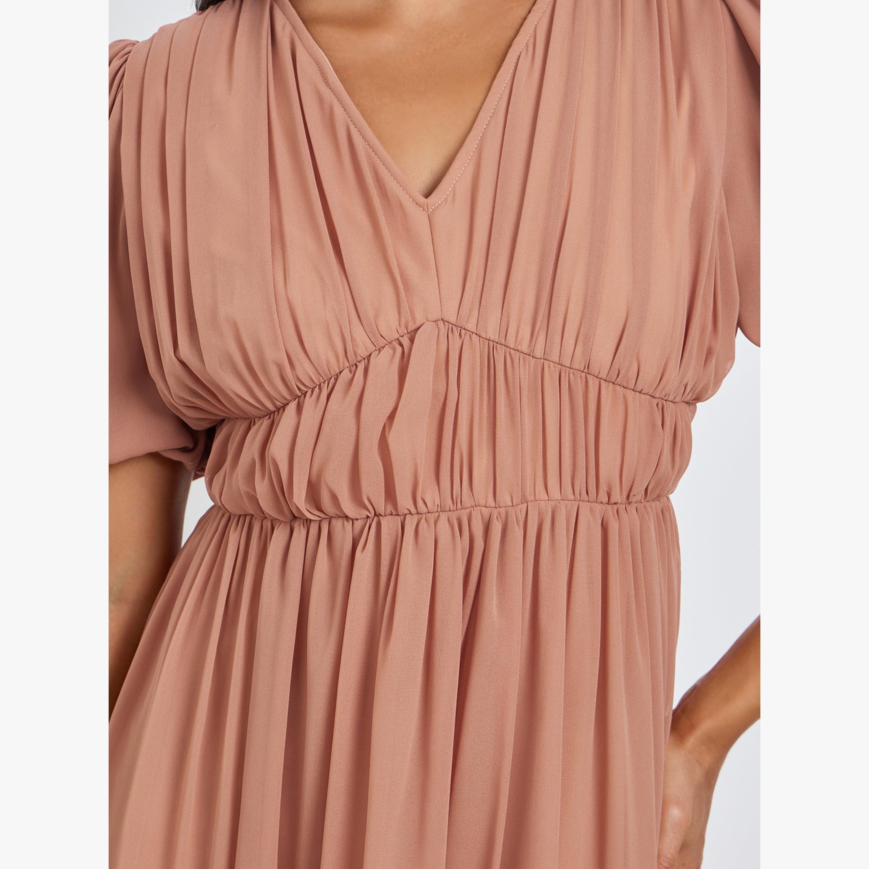 Styli Peach Ruched A-Line Maxi Dress-women-clothing-dresses-image-6