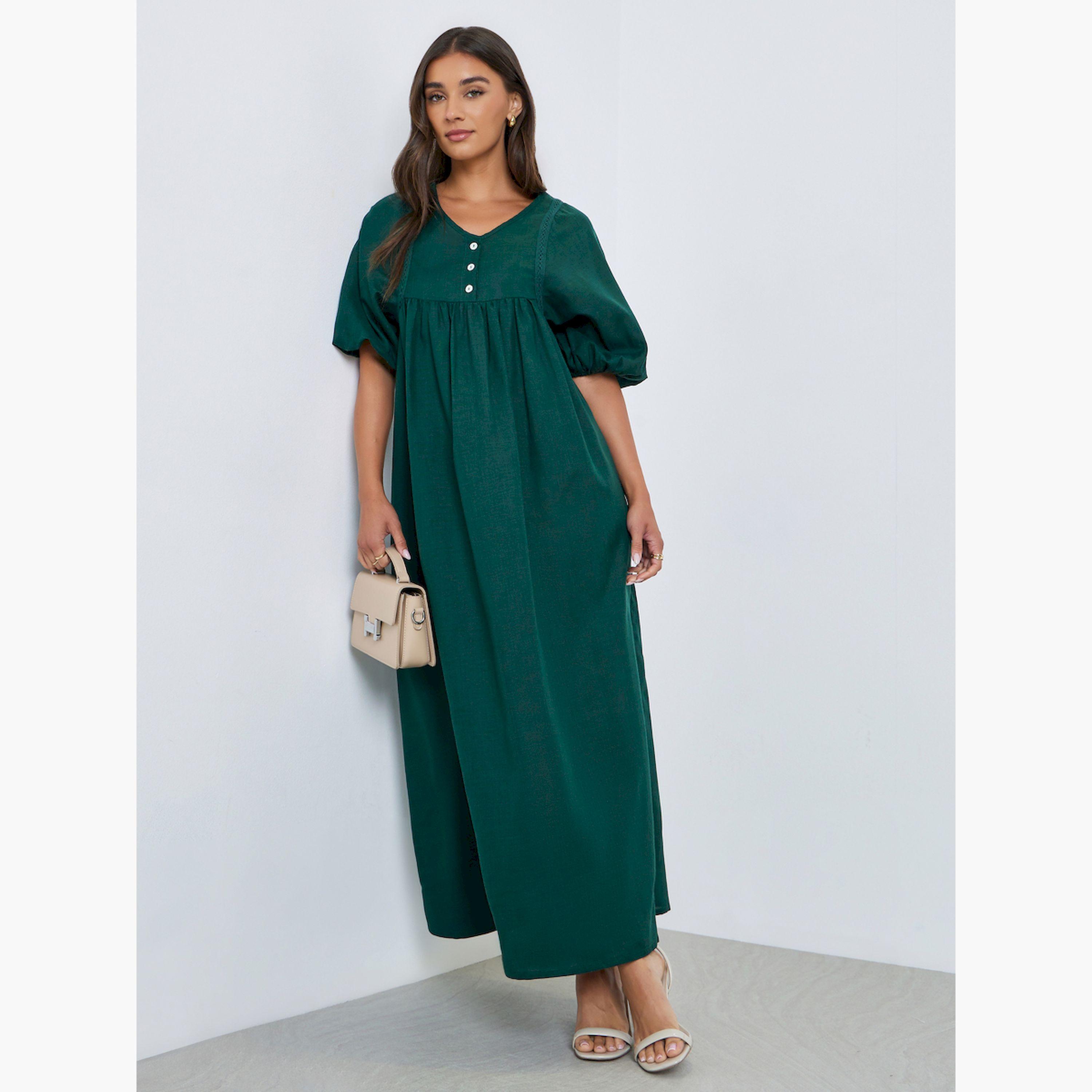 Styli Green V Neck Maxi Dress-women-clothing-dresses-image-3