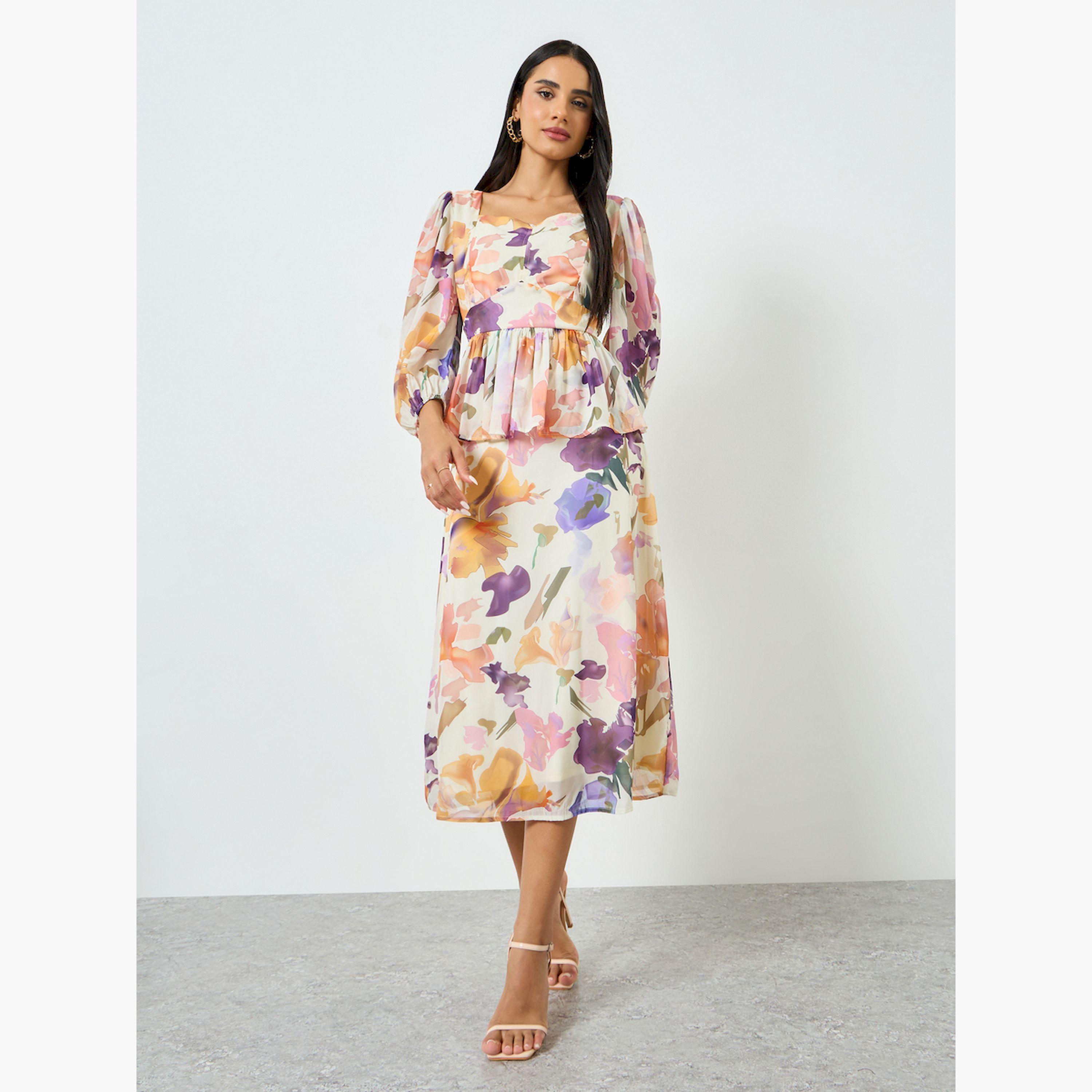 فستان ميدي بطبعة زهور وتفاصيل كشكش-women-clothing-dresses-image-1
