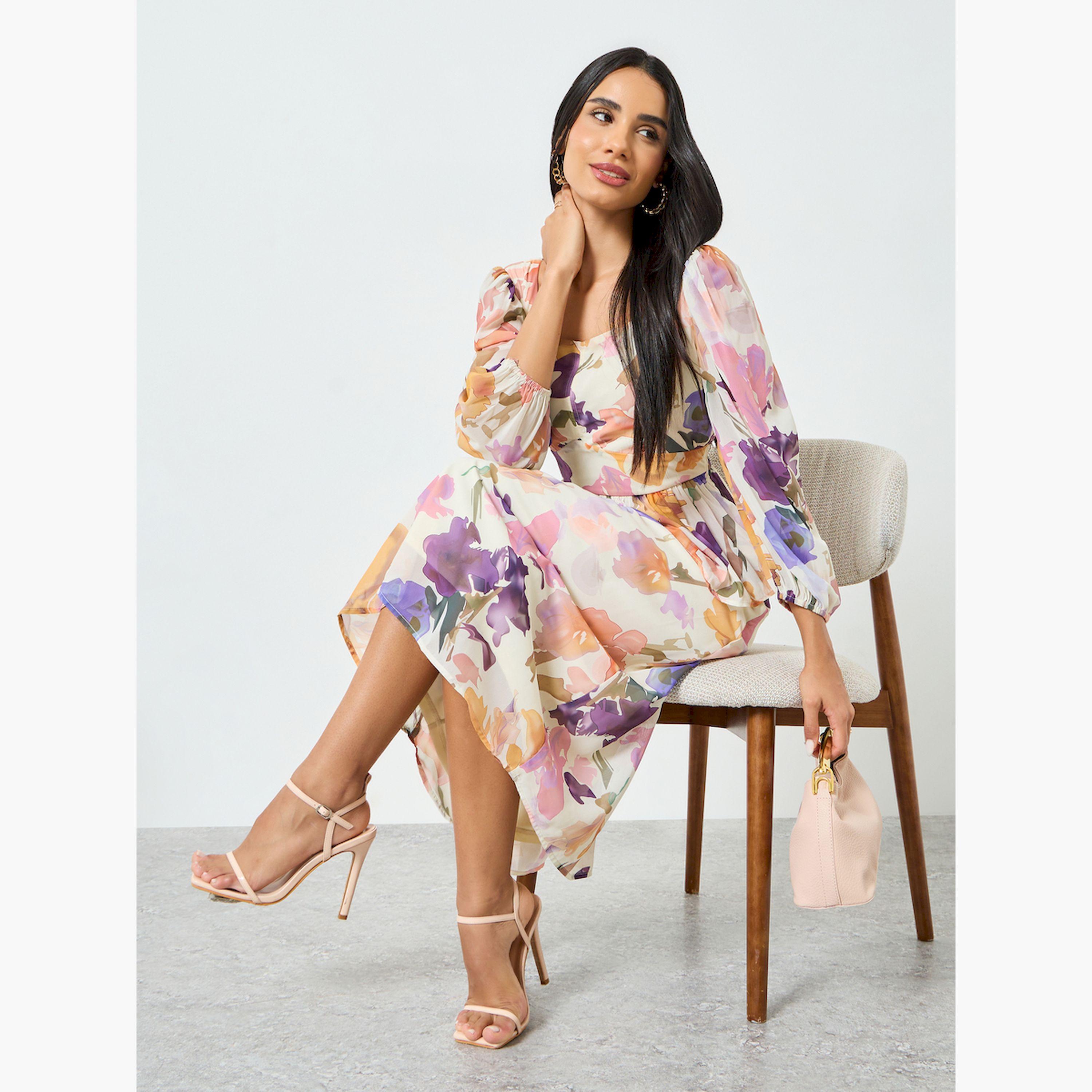 فستان ميدي بطبعة زهور وتفاصيل كشكش-women-clothing-dresses-image-2