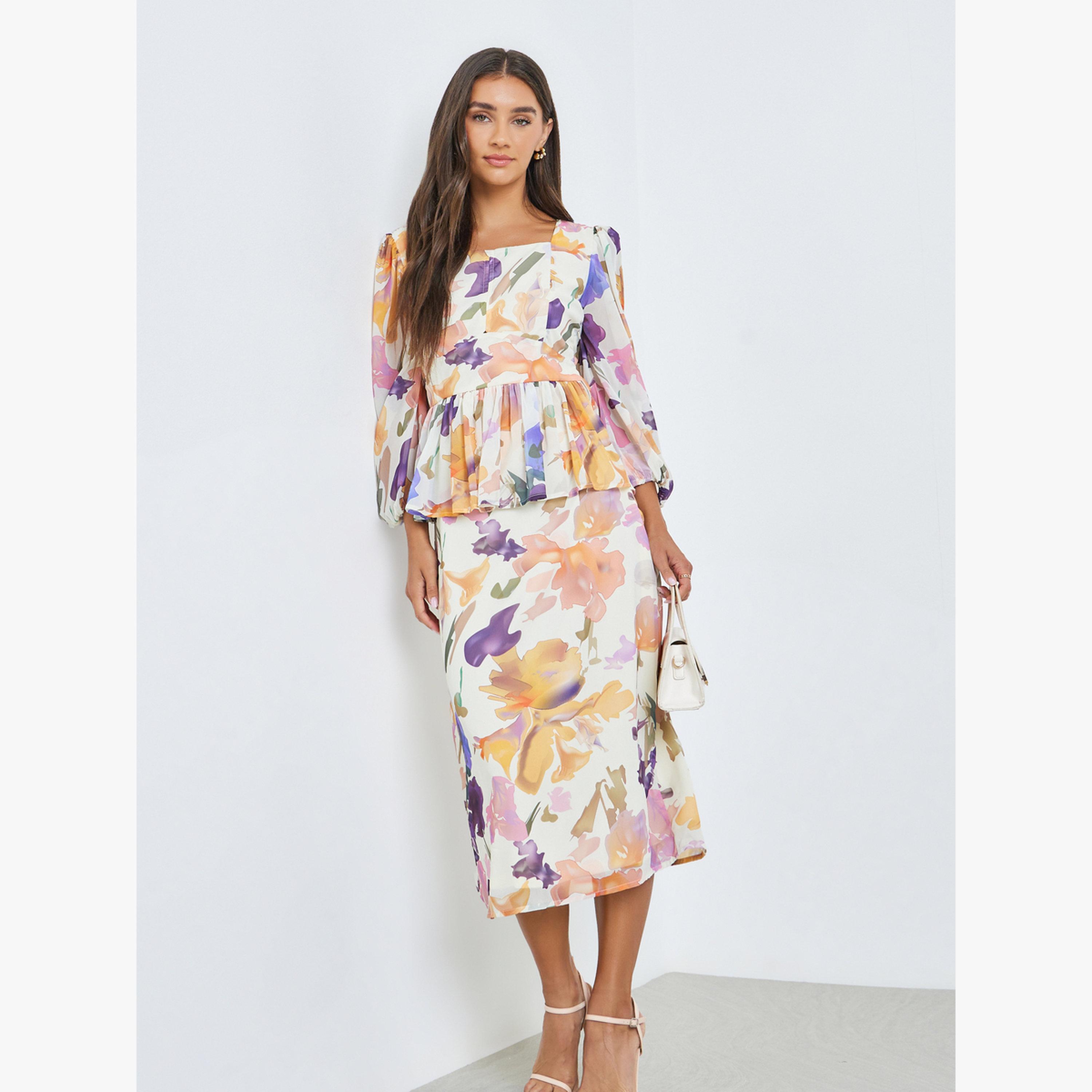فستان ميدي بنقشة زهور وتفاصيل بيبلم-women-clothing-dresses-image-1