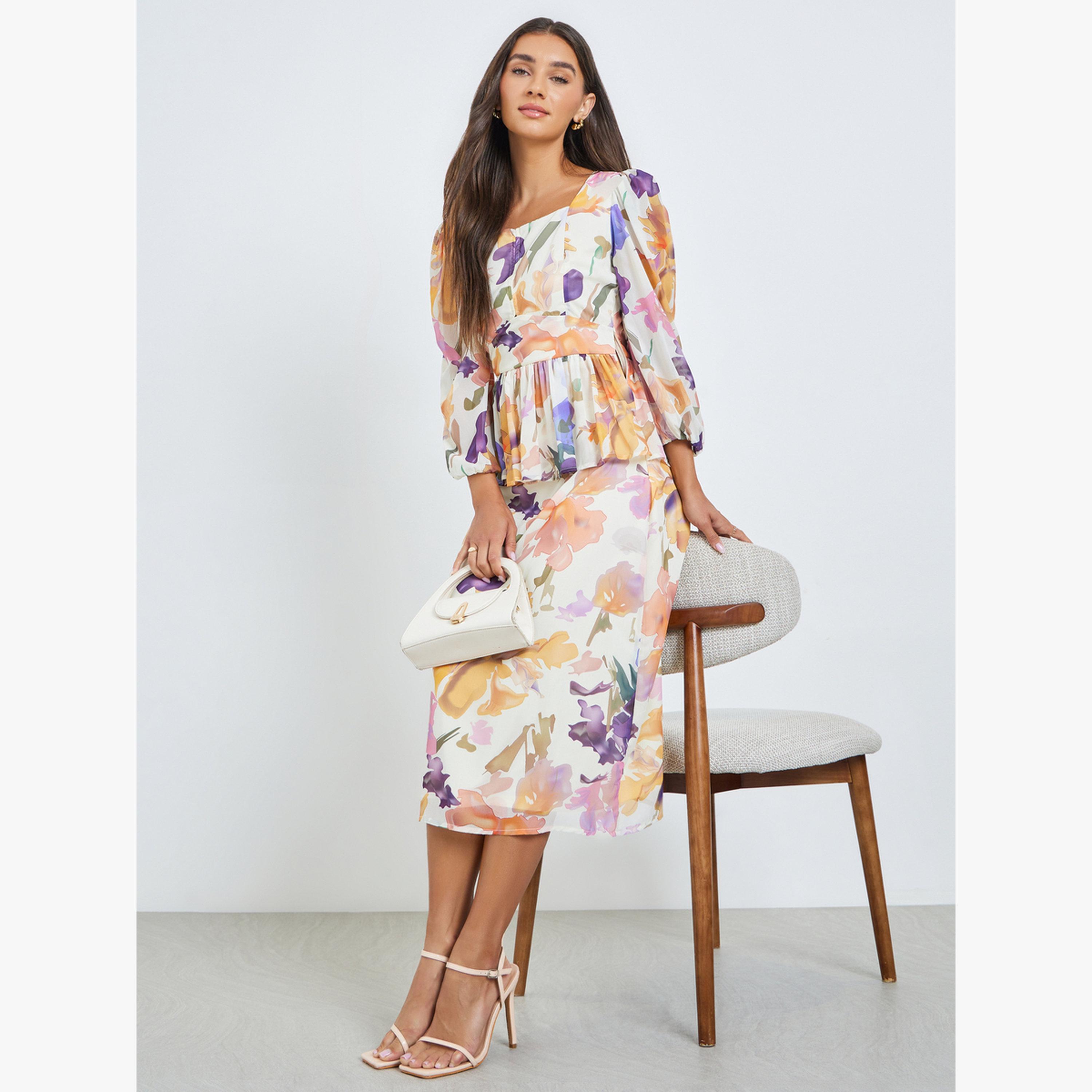 فستان ميدي بنقشة زهور وتفاصيل بيبلم-women-clothing-dresses-image-2