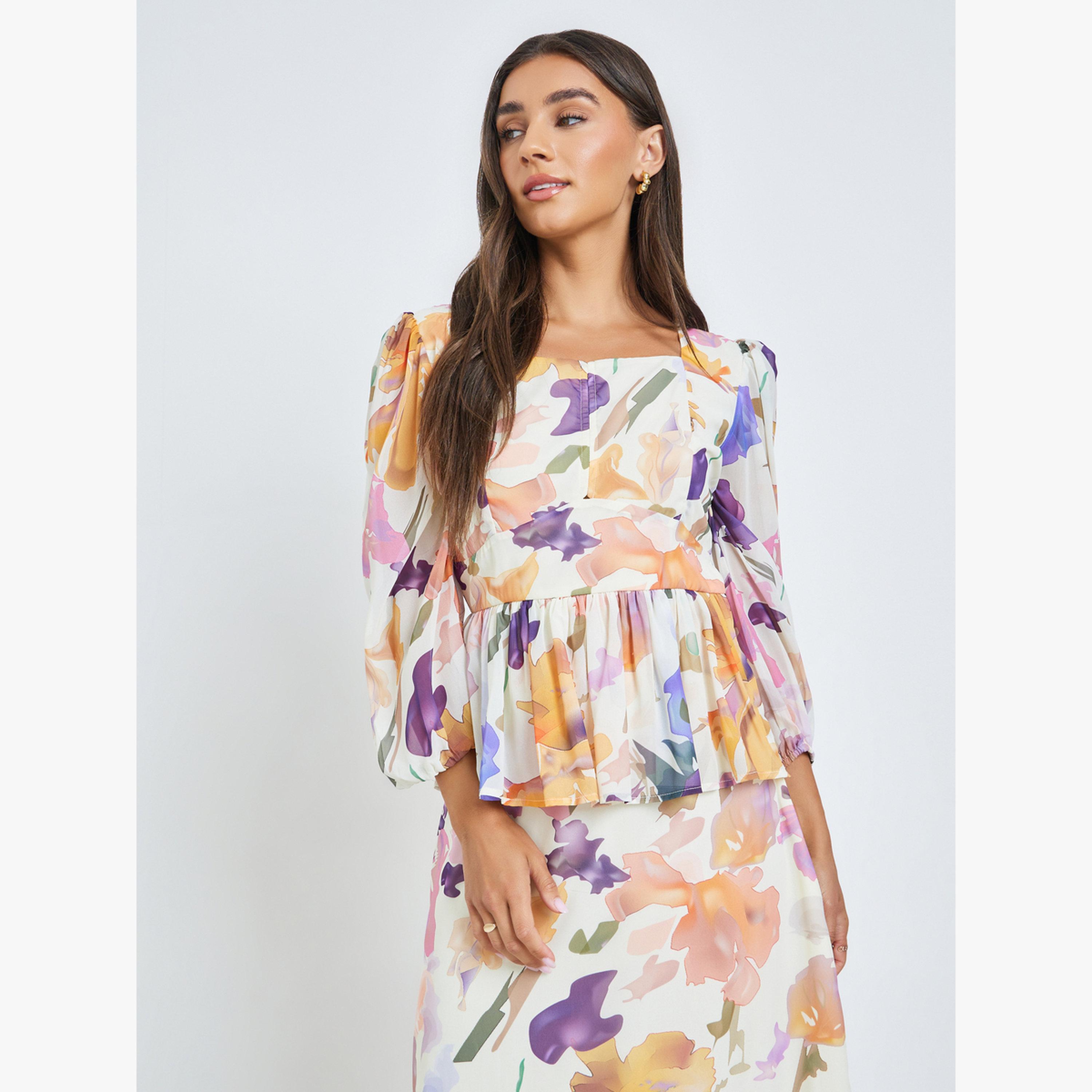 فستان ميدي بنقشة زهور وتفاصيل بيبلم-women-clothing-dresses-image-3