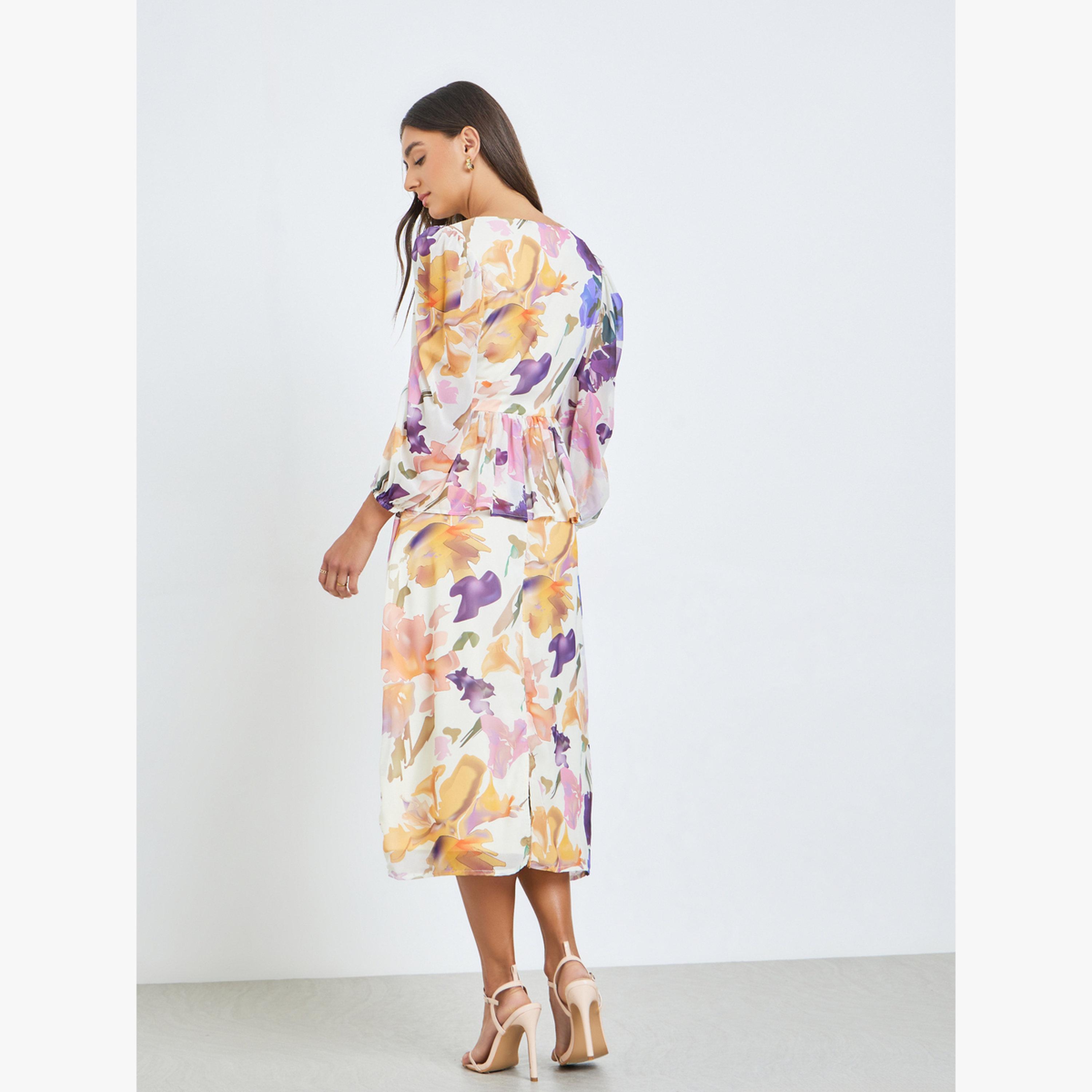 فستان ميدي بنقشة زهور وتفاصيل بيبلم-women-clothing-dresses-image-4