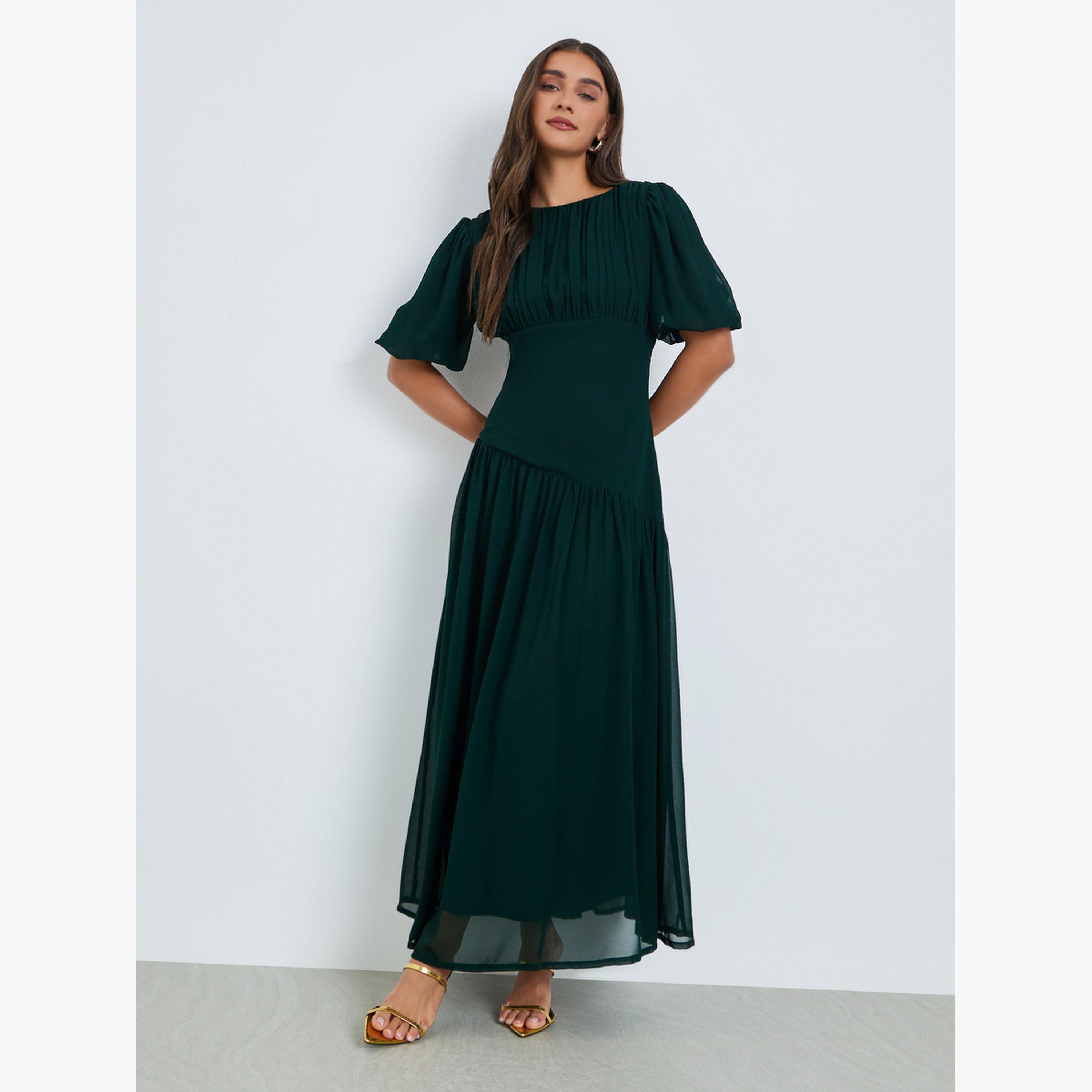 Styli Dark Green Fold Pleat Chiffon Maxi Dress-women-clothing-dresses-image-1