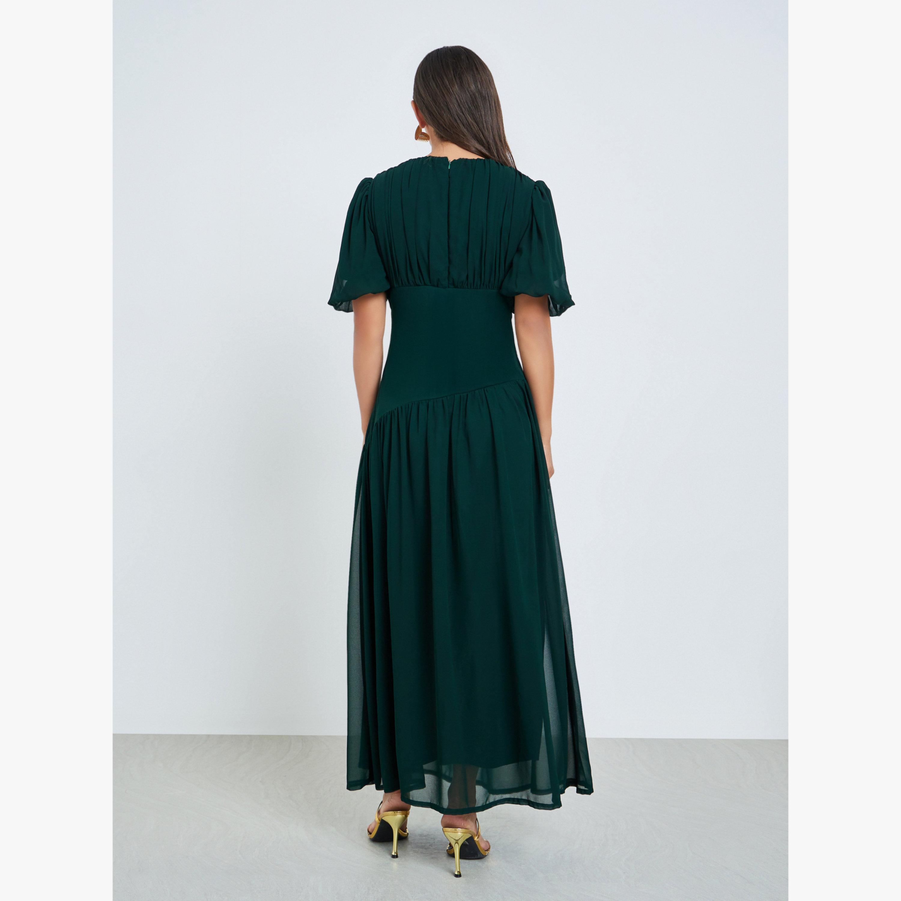 Styli Dark Green Fold Pleat Chiffon Maxi Dress-women-clothing-dresses-image-4