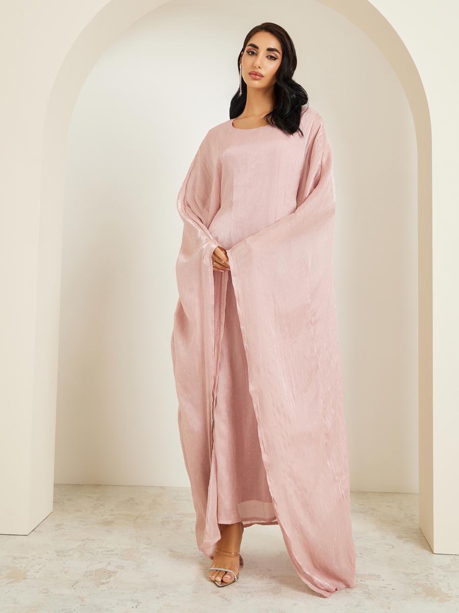 Amirah X Styli Women Pink Shimmer Maxi Kaftan-women-arabicclothing-kaftan-image-3
