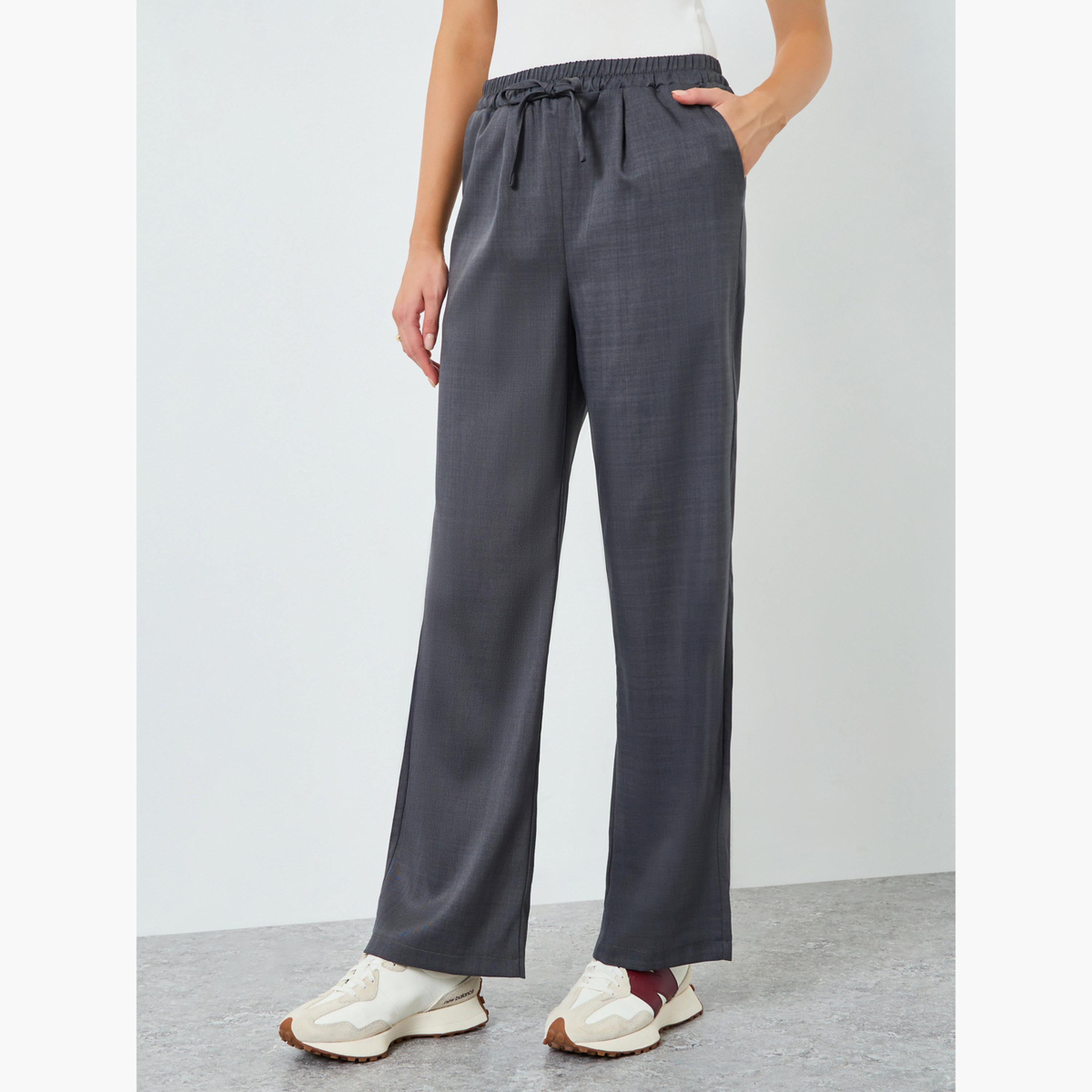 Styli Women Grey Wide Leg Pants with Drawstring-women-clothing-bottoms-trousers-image-1