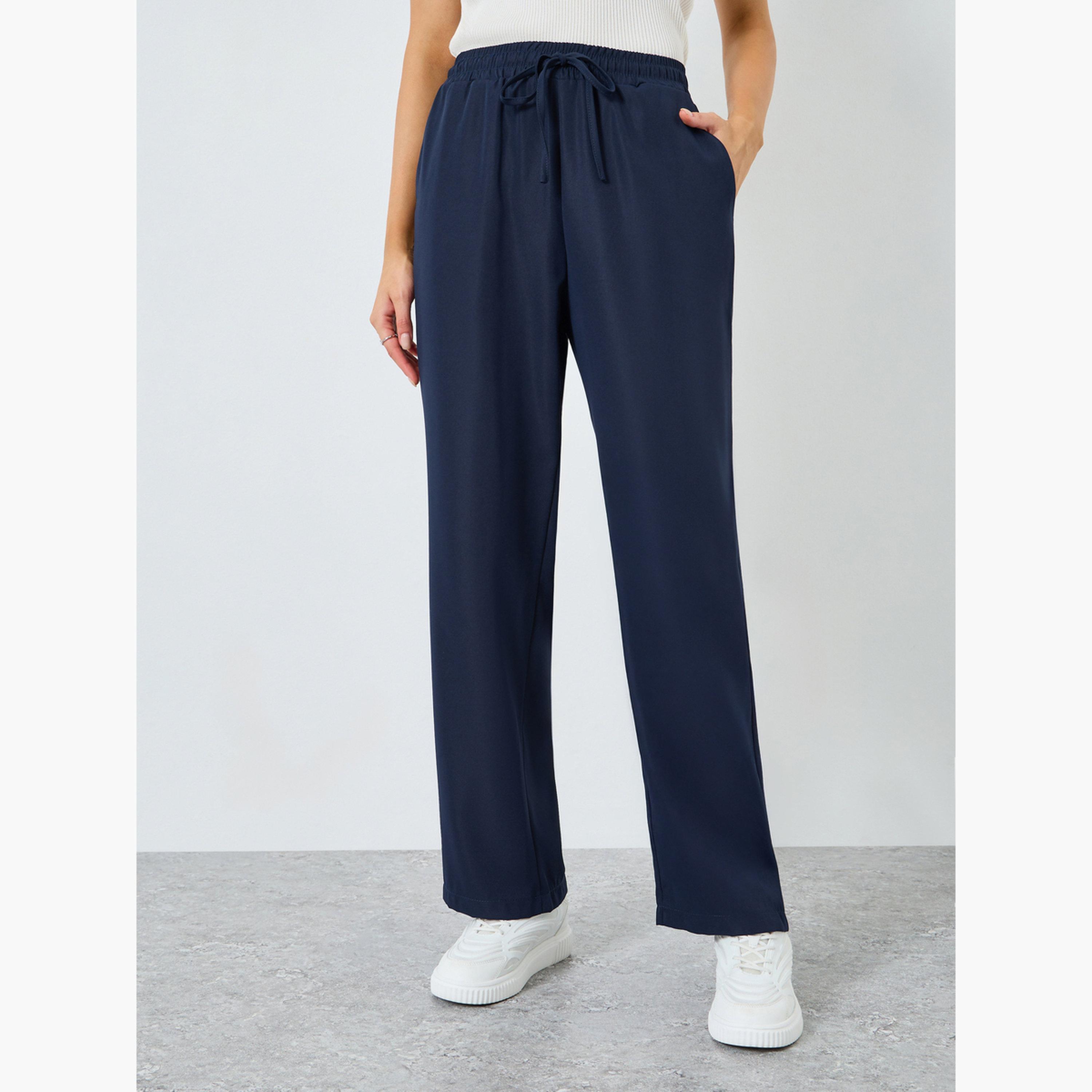 Styli Women Navy Blue Elastic Waist Pants-women-clothing-bottoms-trousers-image-1