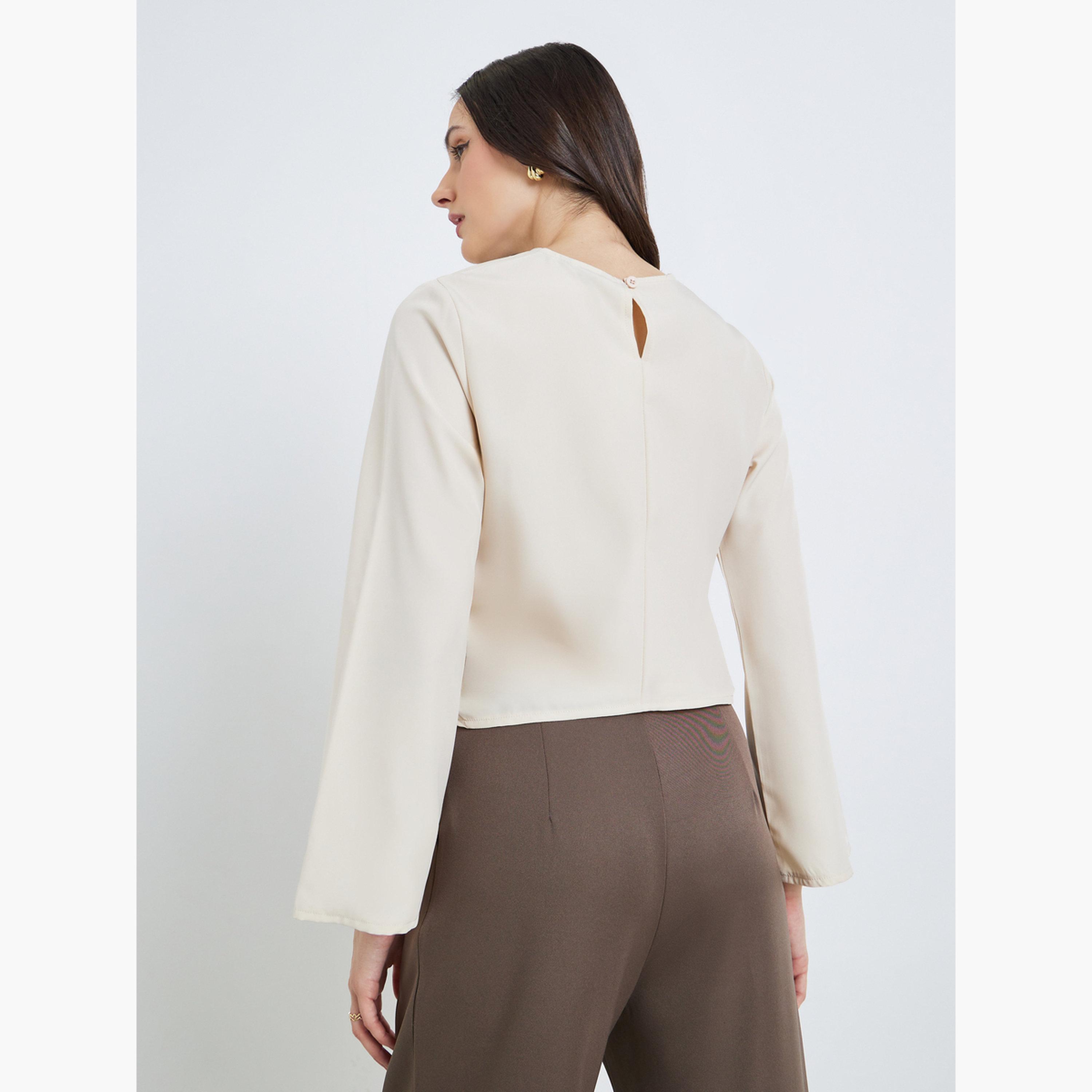 بلوزة بأكمام طويلة وتفاصيل مزمومة-women-clothing-shirtsandblouses-blouses-image-4