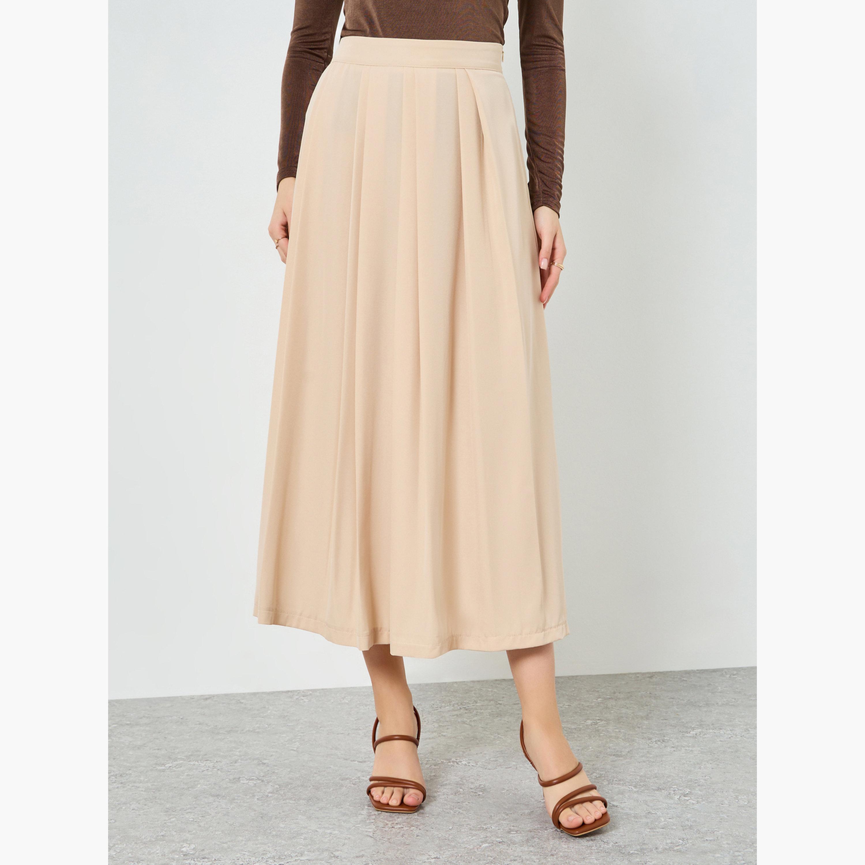 Styli Women Beige Pleated A-Line Midi Skirt-women-clothing-bottoms-skirts-image-1