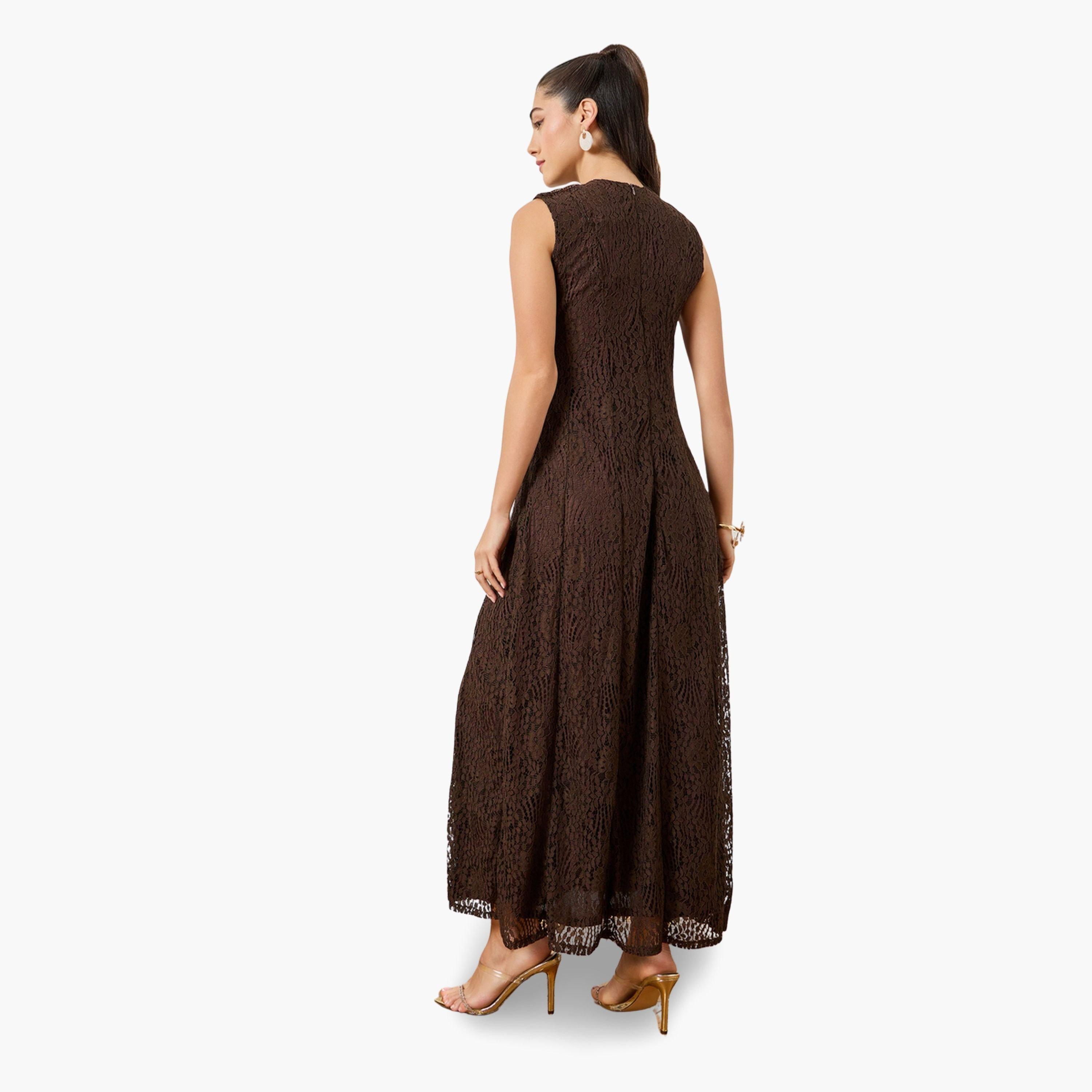 Styli Women Brown Textured Sleeveless Maxi Dress-women-clothing-dresses-image-4
