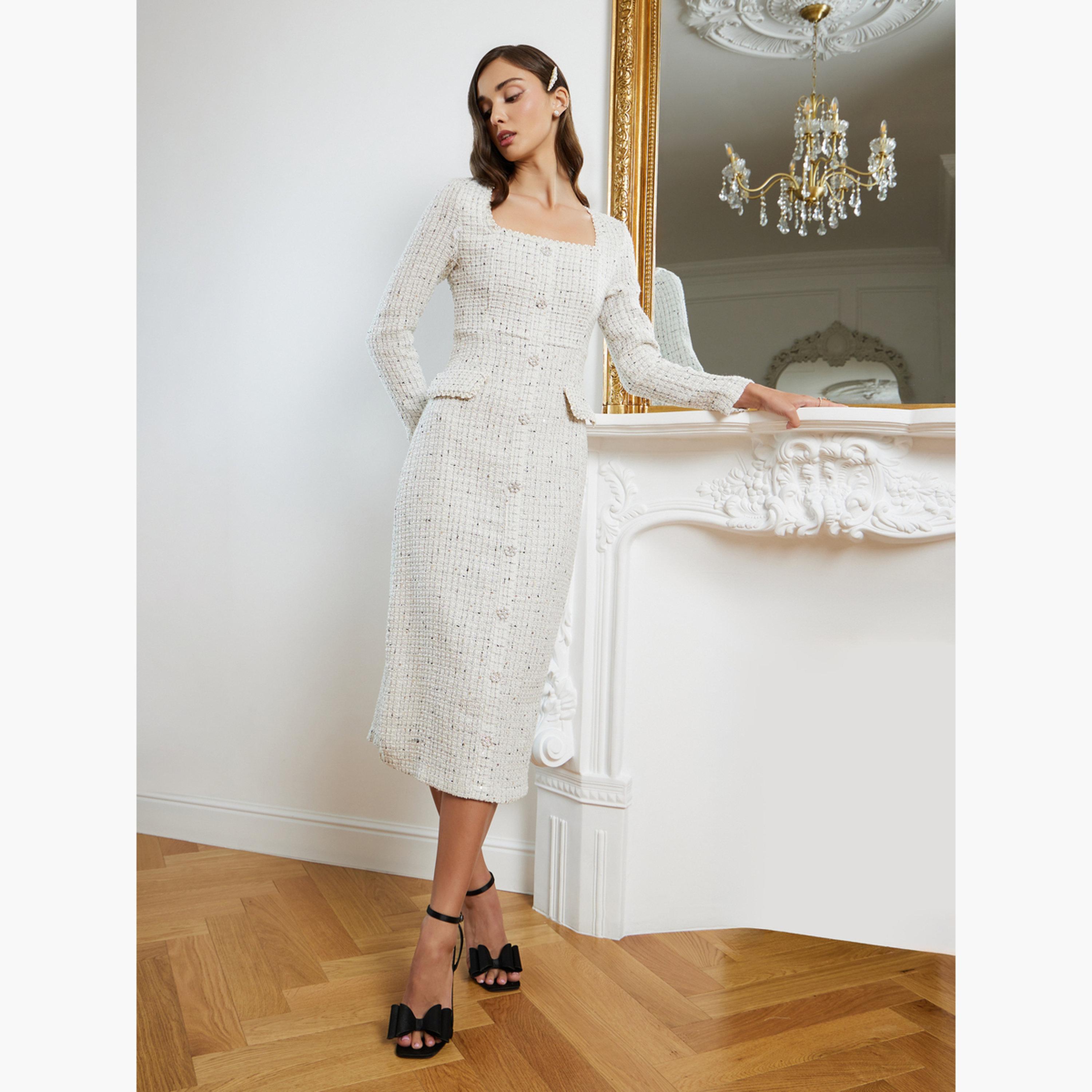فستان سهرة بمظهر تويد وقصة مستقيمة-women-clothing-dresses-image-2