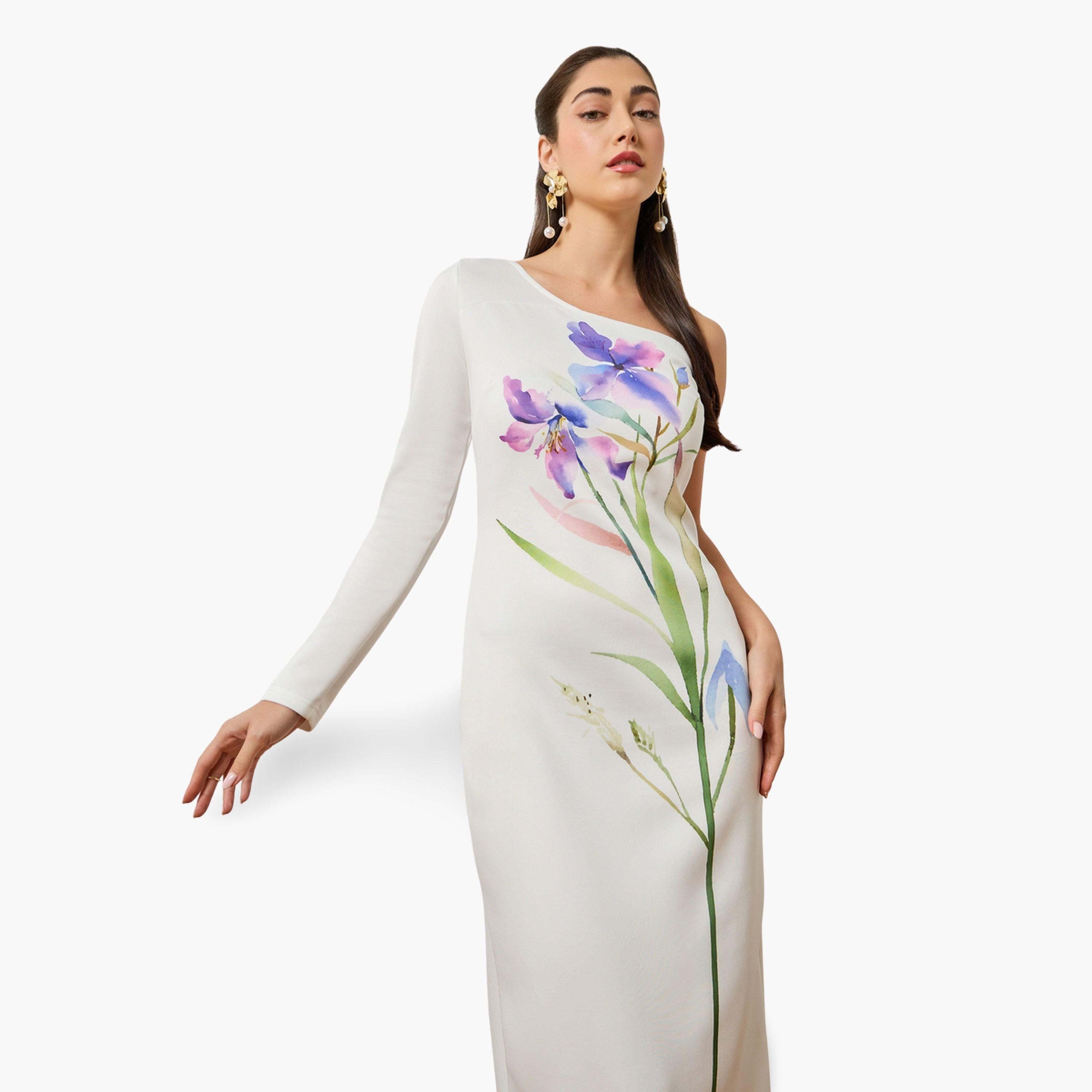 فستان طويل بتصميم مريح وطبعة زهور أوف وايت-women-clothing-dresses-image-2