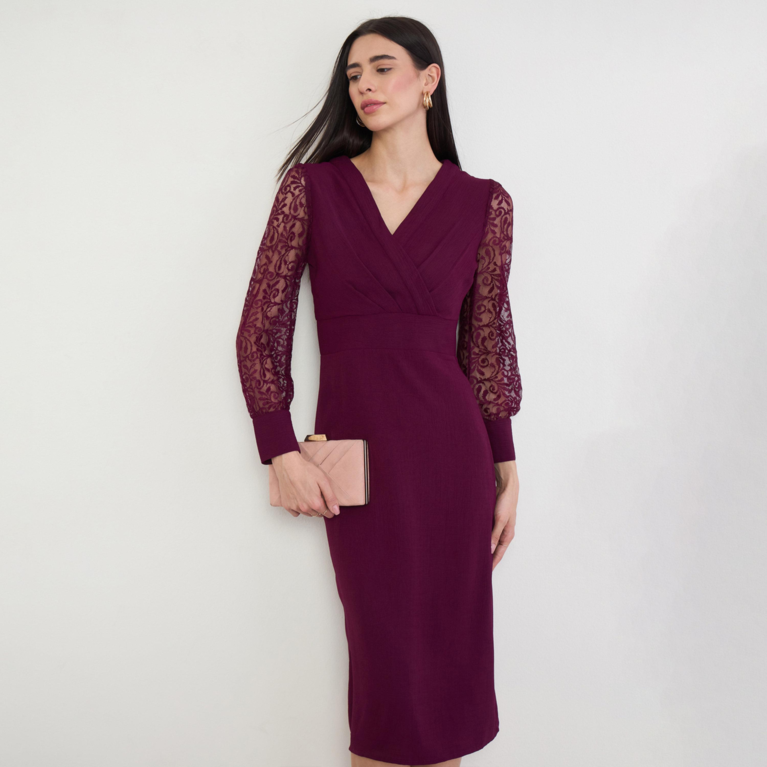 Styli Burgundy Lace Sleeve Midi Dress-women-clothing-dresses-image-1