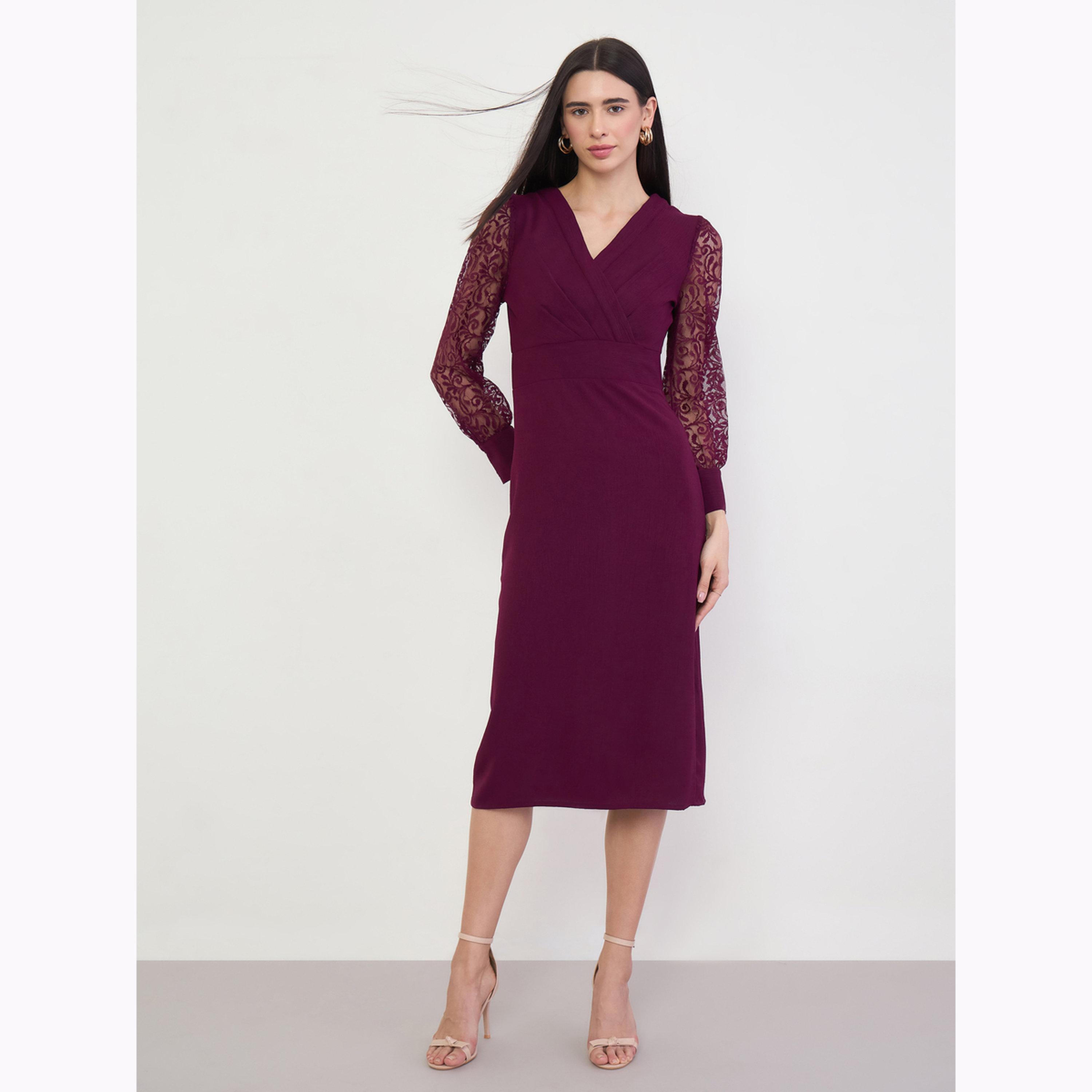 Styli Burgundy Lace Sleeve Midi Dress-women-clothing-dresses-image-3