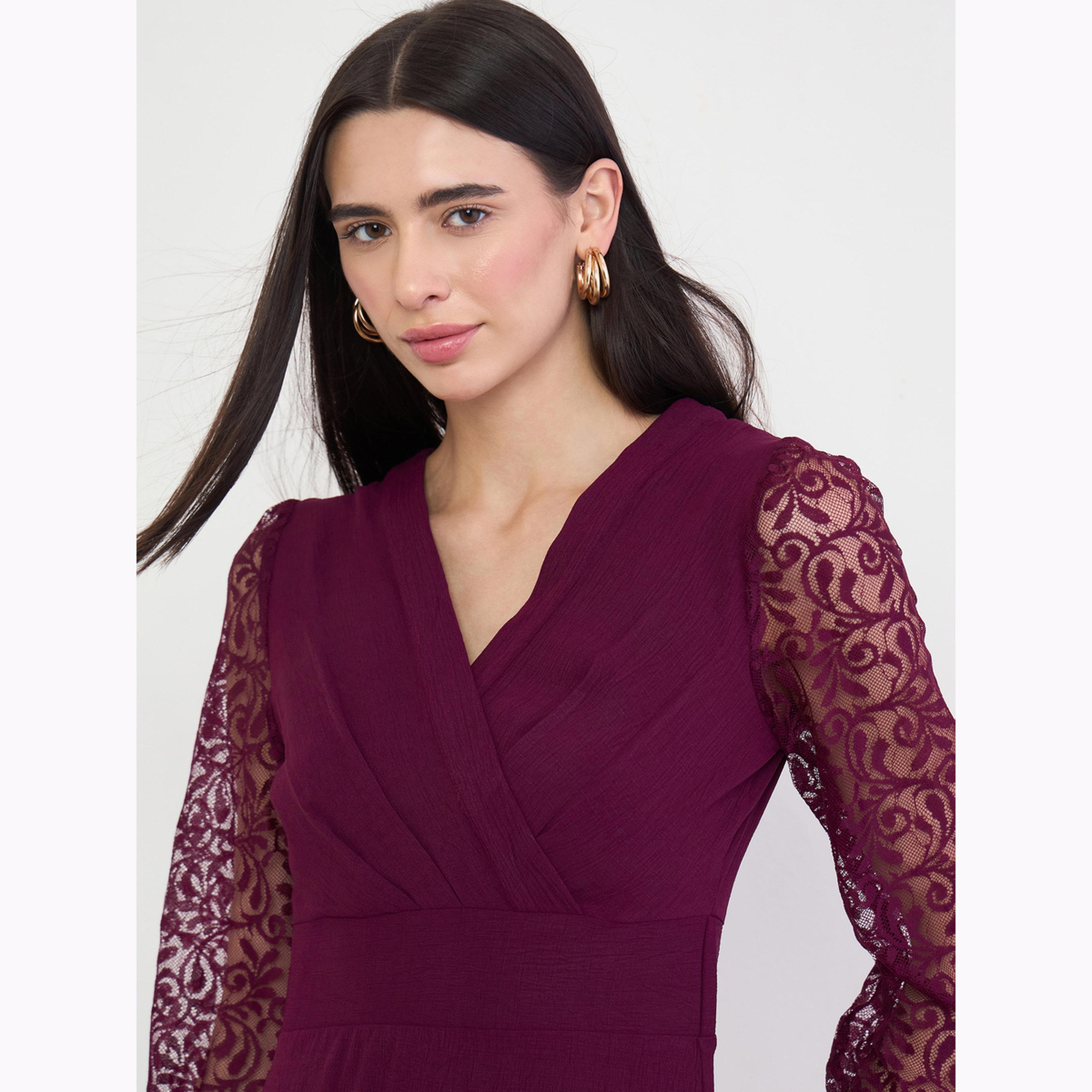 Styli Burgundy Lace Sleeve Midi Dress-women-clothing-dresses-image-4