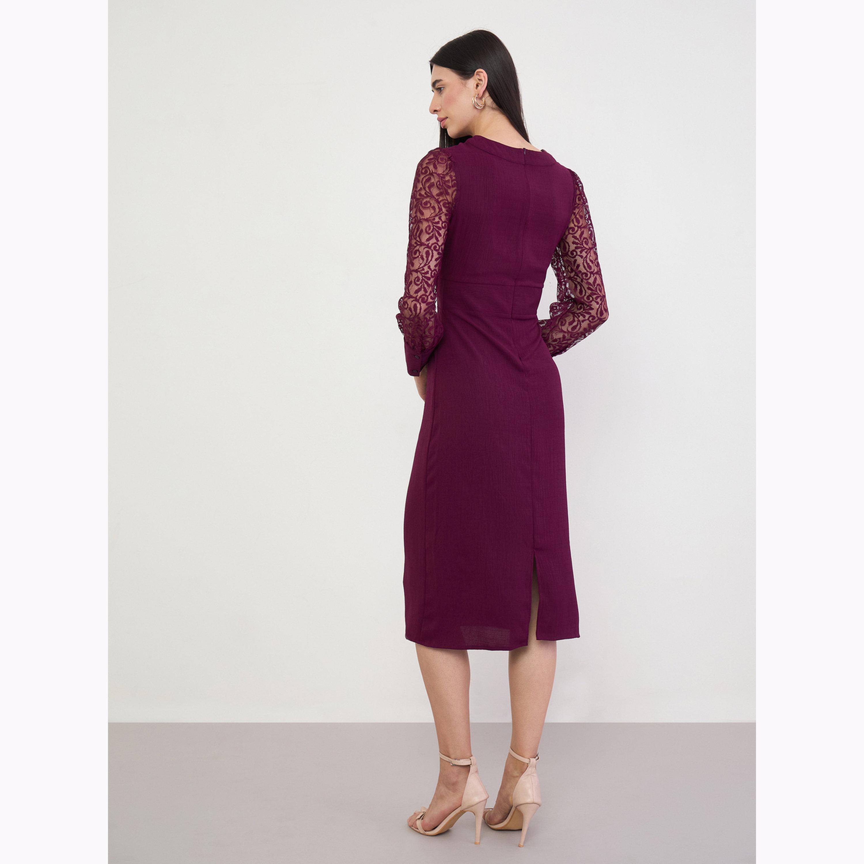 Styli Burgundy Lace Sleeve Midi Dress-women-clothing-dresses-image-5
