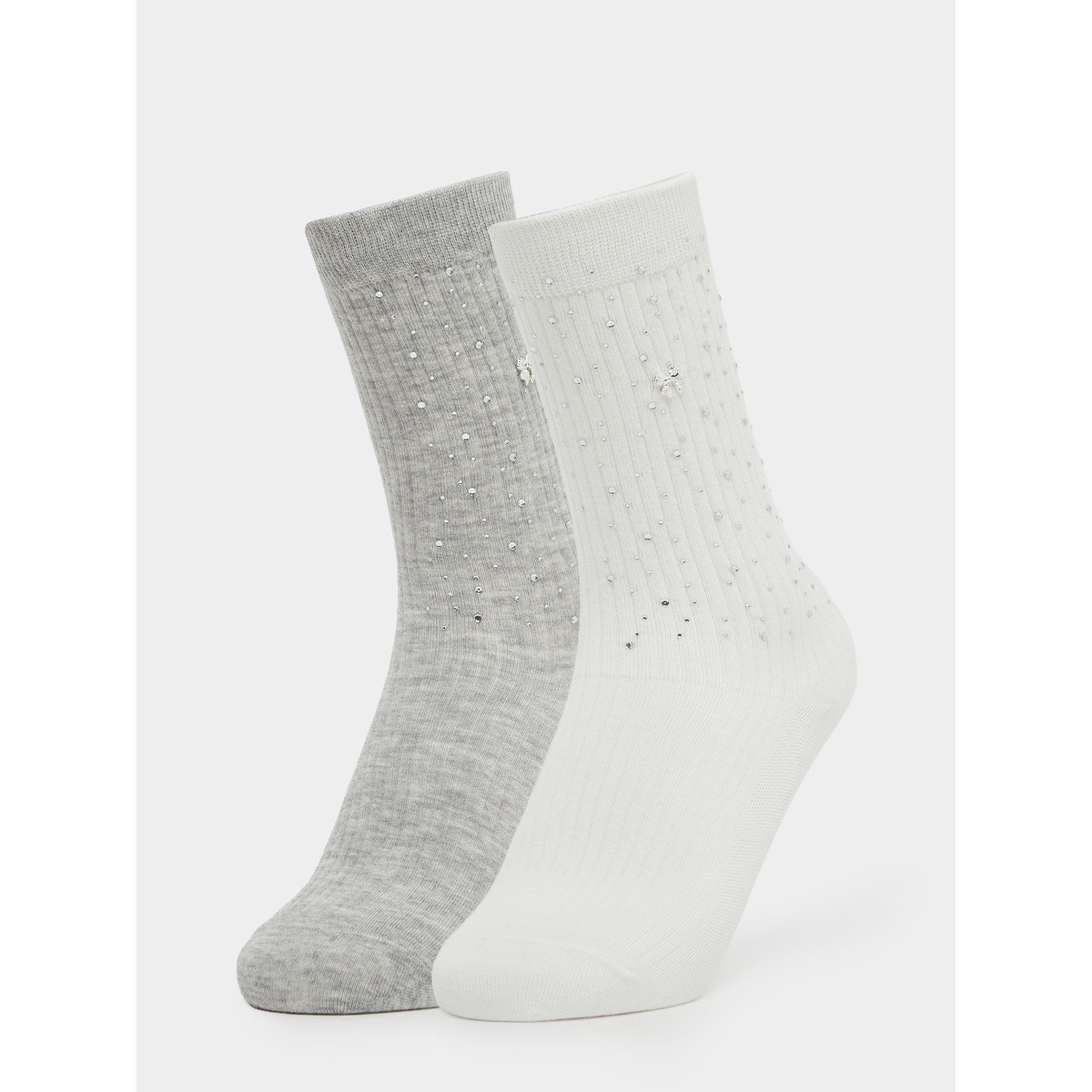 Styli Pack of 2 - Embellished Ribbed Crew Socks-women-socksandstockings-image-1