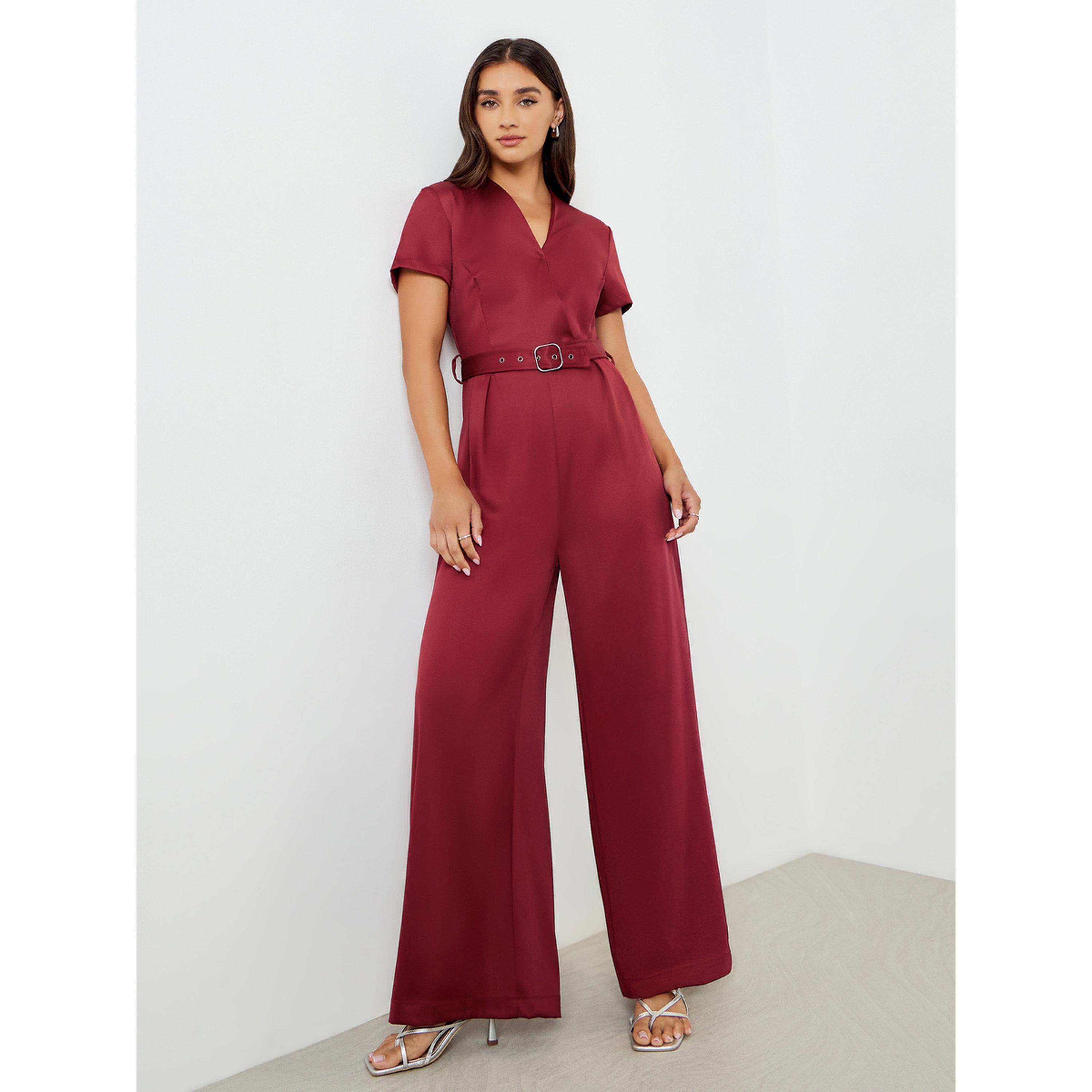 Styli Women Burgundy Belted Wide Legged Jumpsuits-women-clothing-jumpsuits-image-1