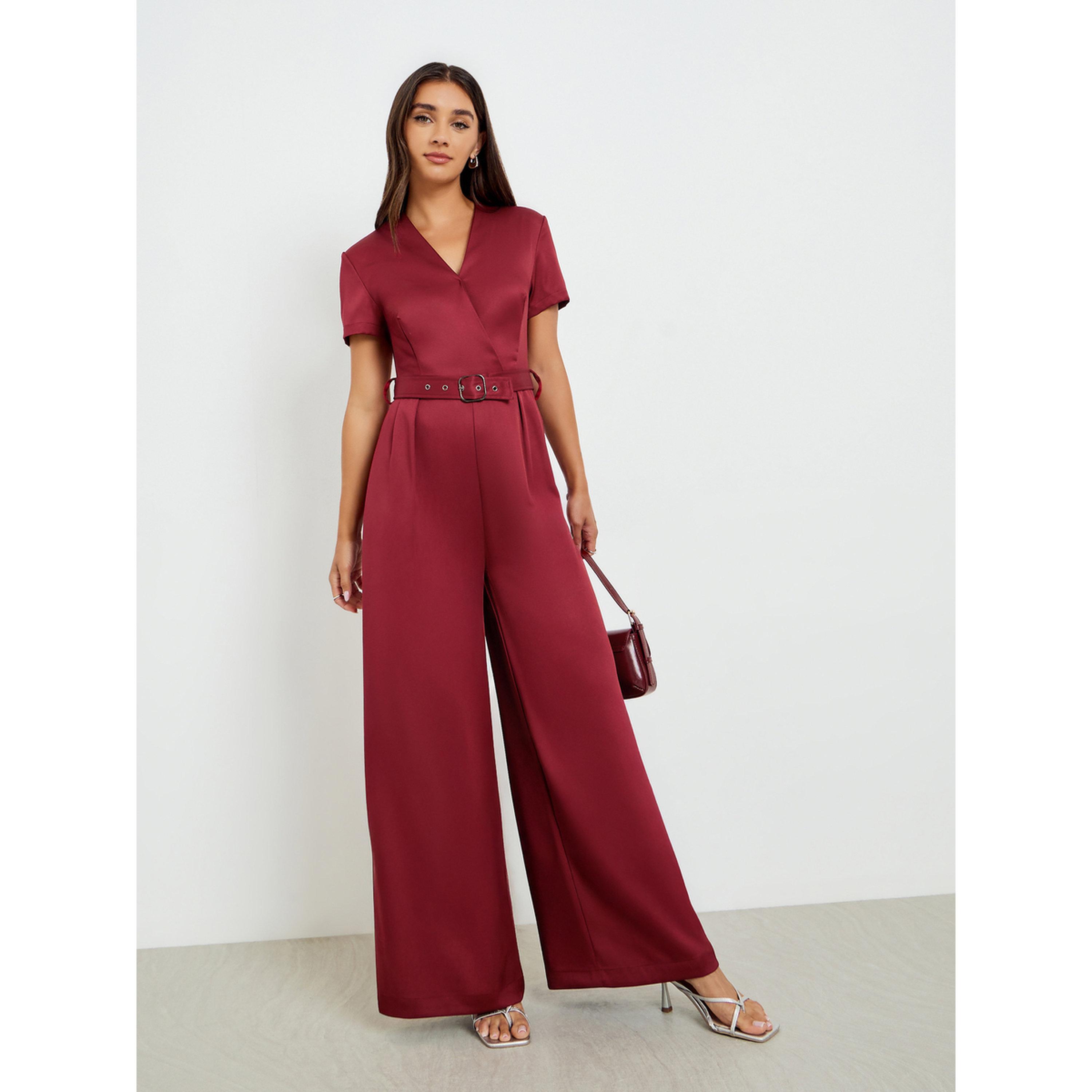 Styli Women Burgundy Belted Wide Legged Jumpsuits-women-clothing-jumpsuits-image-2