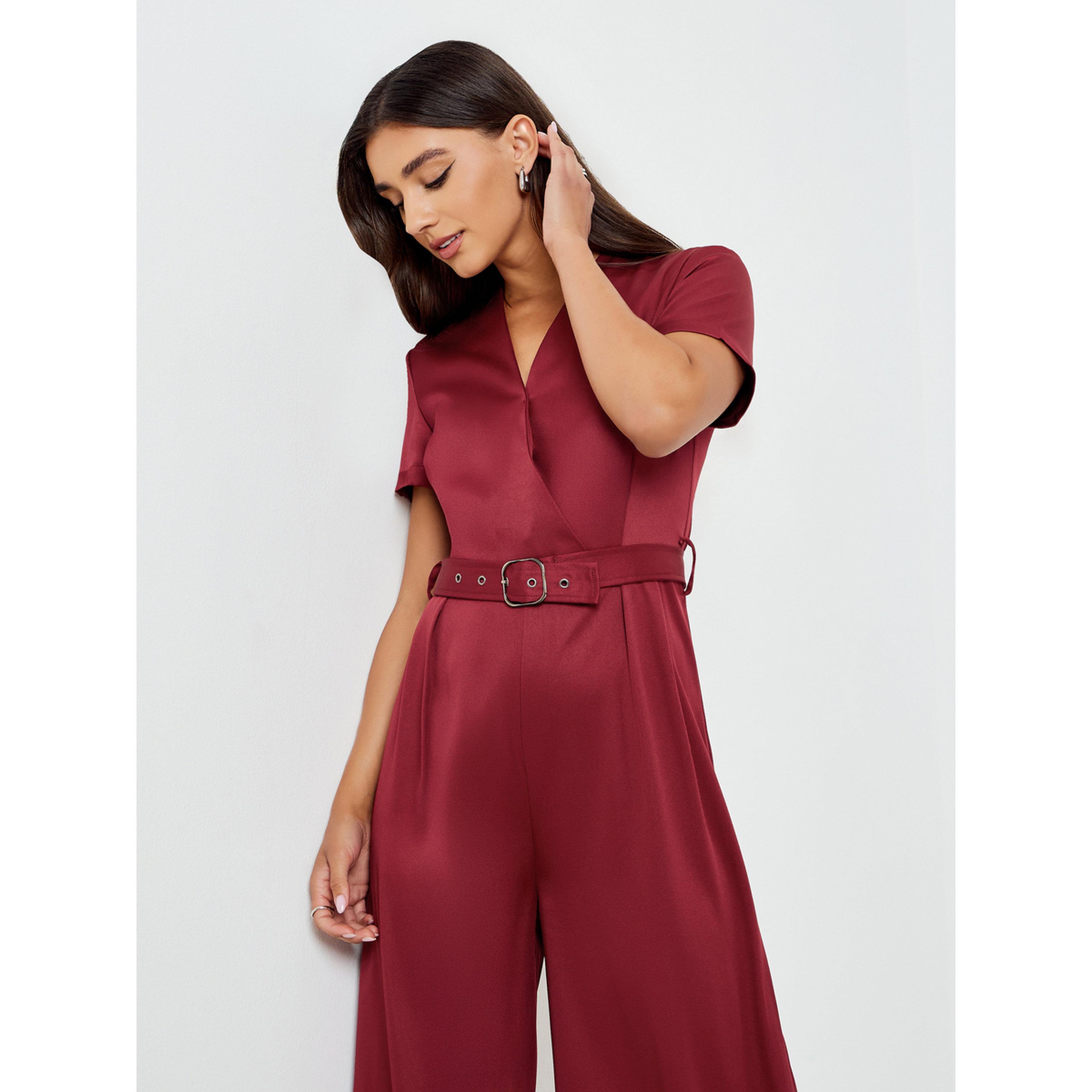 Styli Women Burgundy Belted Wide Legged Jumpsuits-women-clothing-jumpsuits-image-3