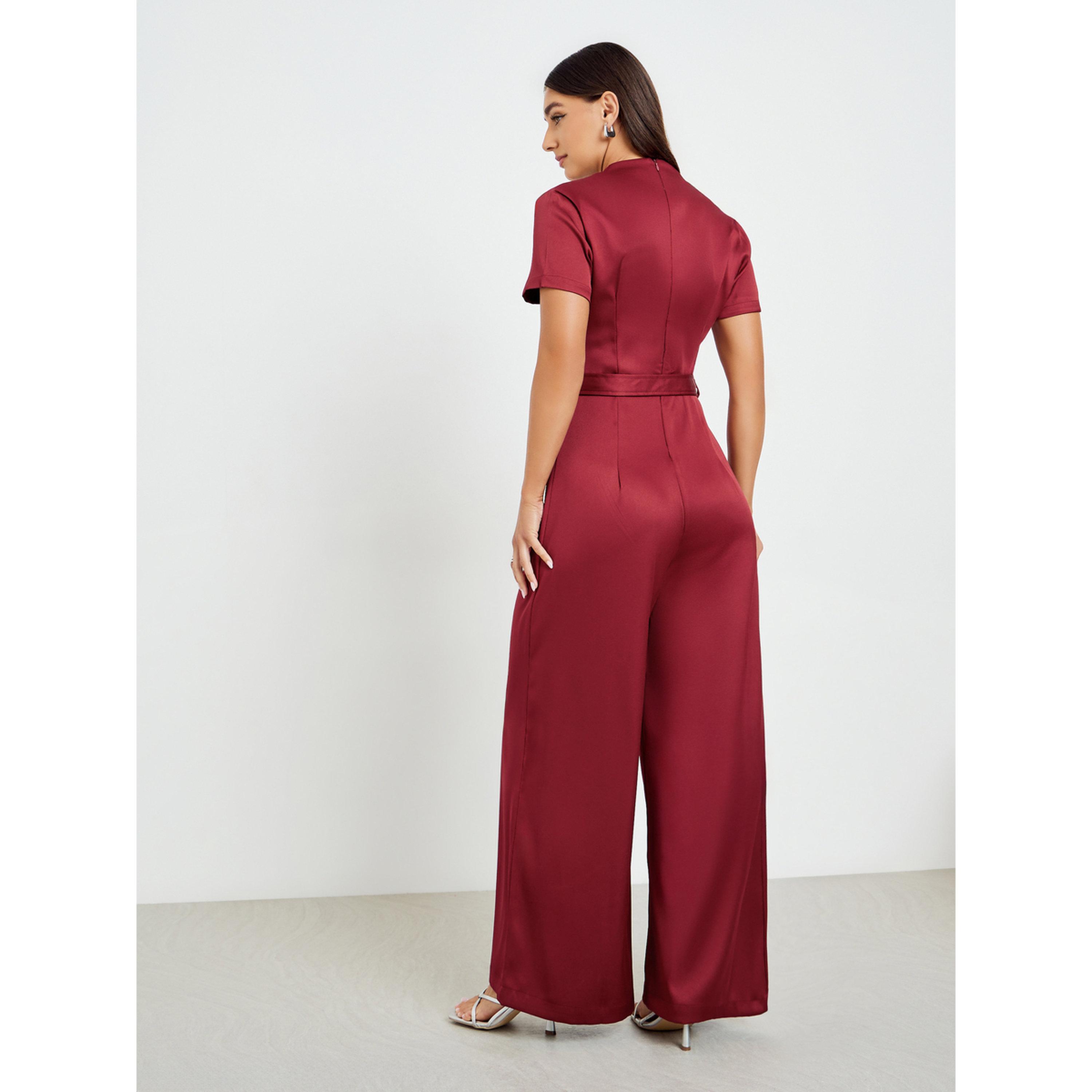 Styli Women Burgundy Belted Wide Legged Jumpsuits-women-clothing-jumpsuits-image-4