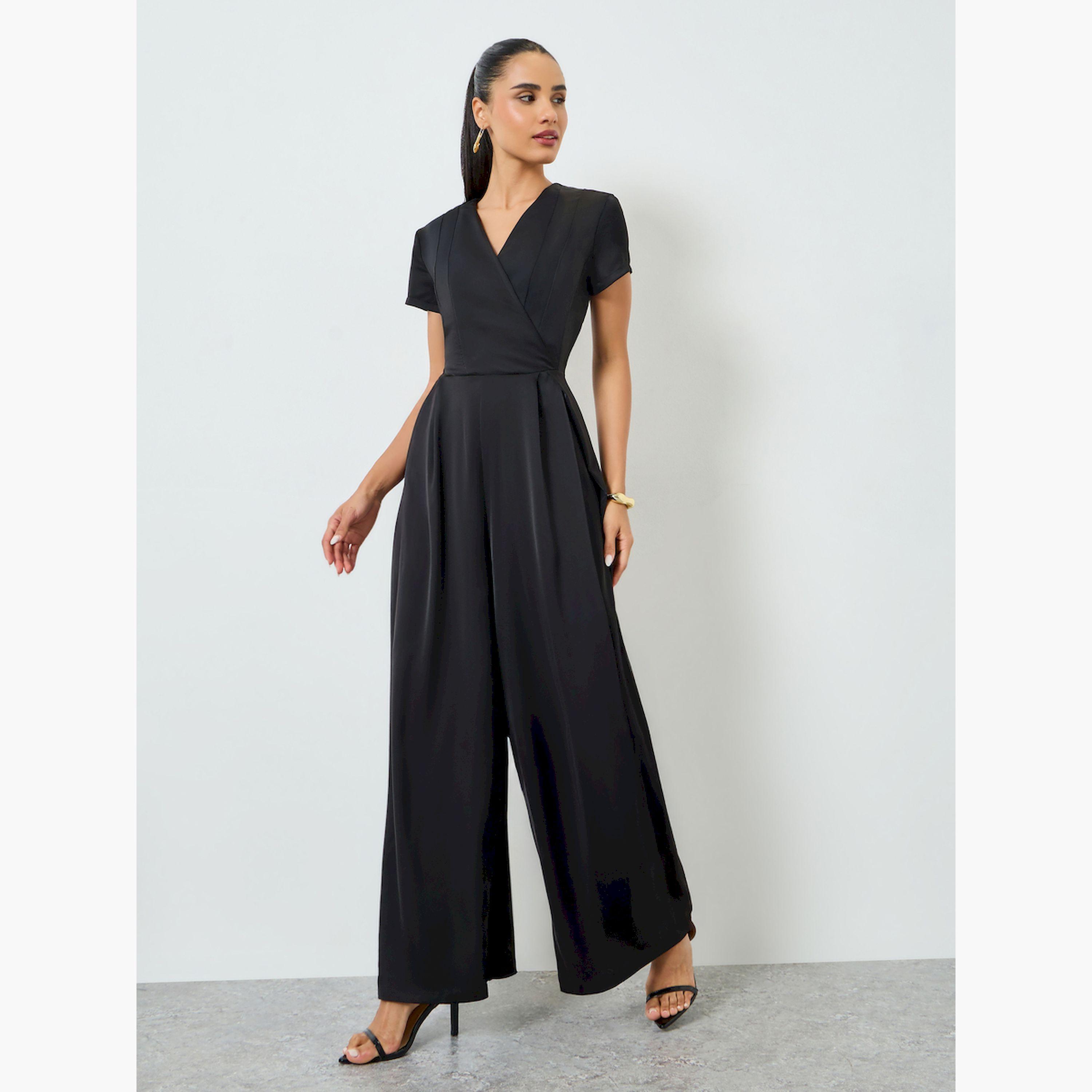 Styli Black Short Sleeves Wide Leg Wrap Jumpsuits-women-clothing-jumpsuits-image-3