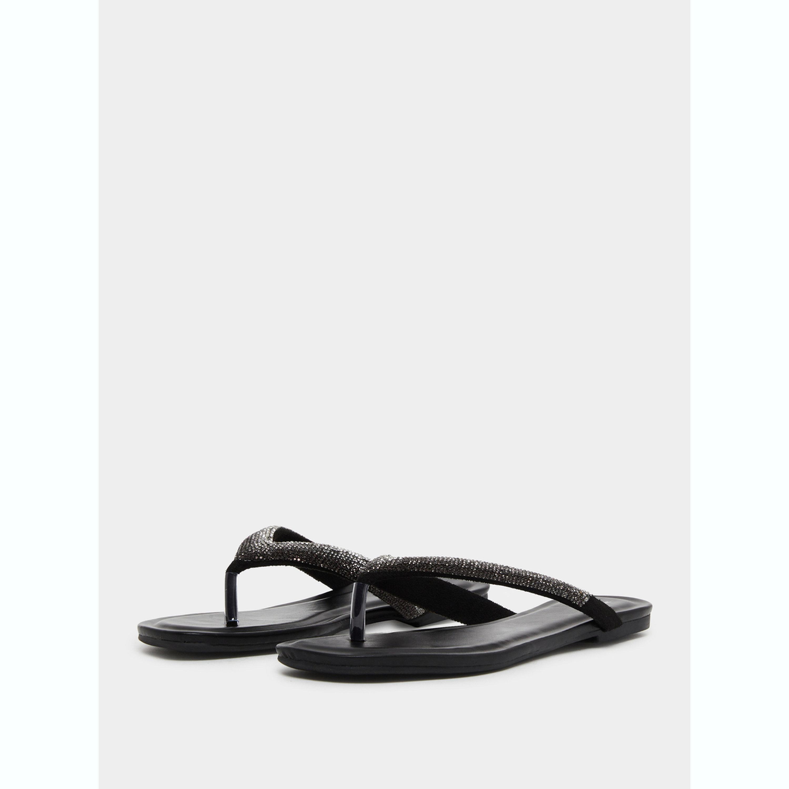 صندل نسائي أسود مسطح مزين-women-shoes-sandals-flats-image-1