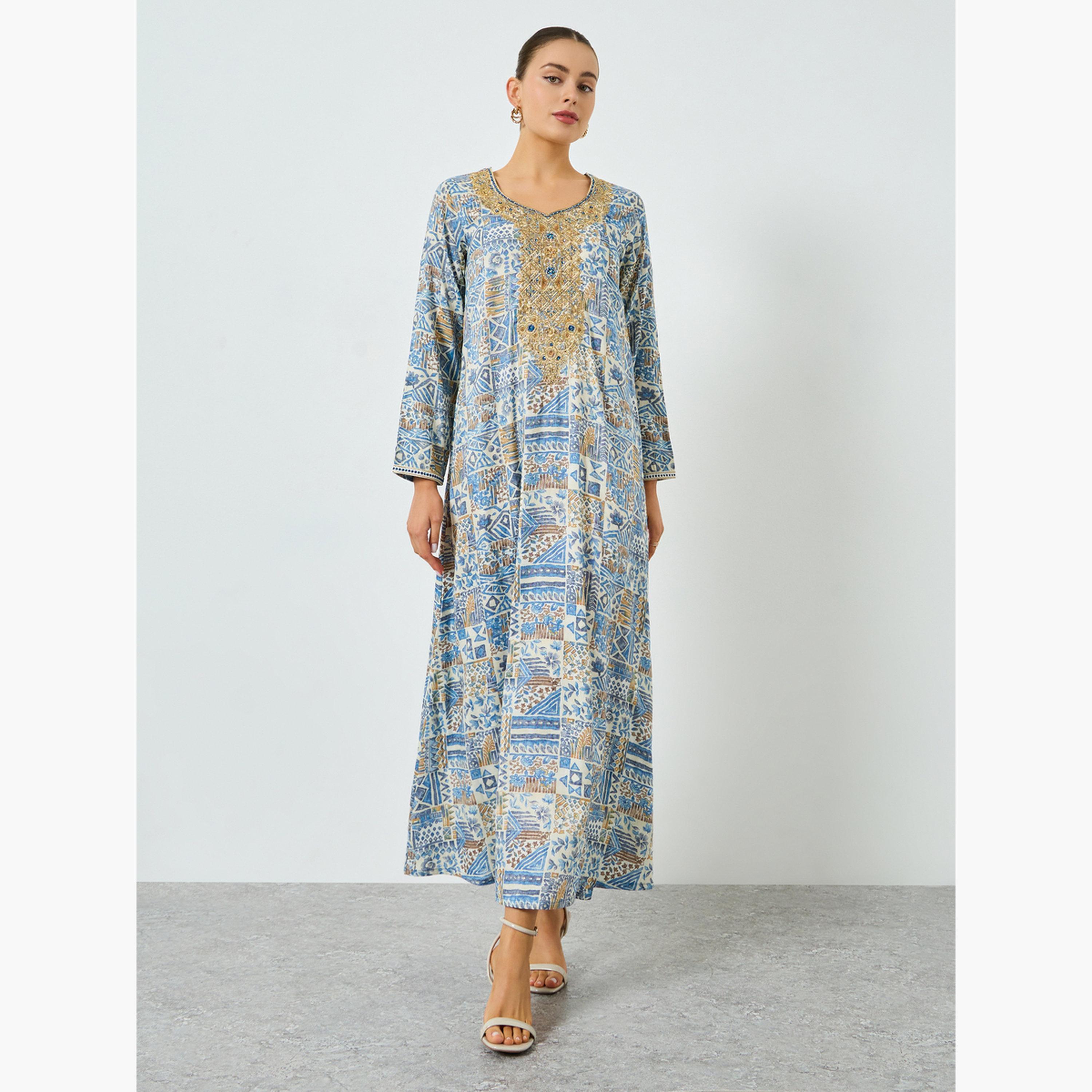Maxim Creation Blue Printed Embroidered A-Line Jalabiya-women-arabicclothing-jalabiyas-image-1