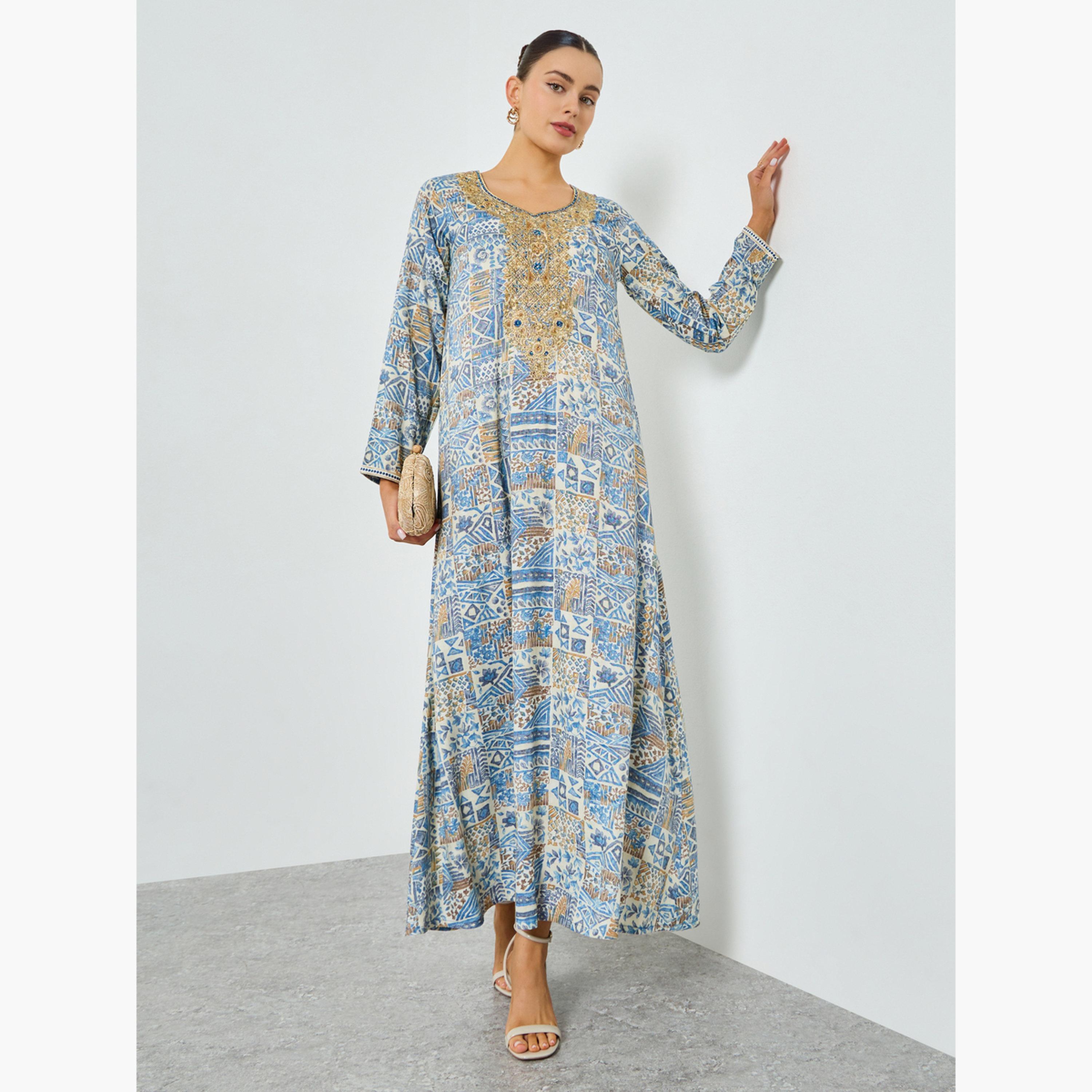 Maxim Creation Blue Printed Embroidered A-Line Jalabiya-women-arabicclothing-jalabiyas-image-2