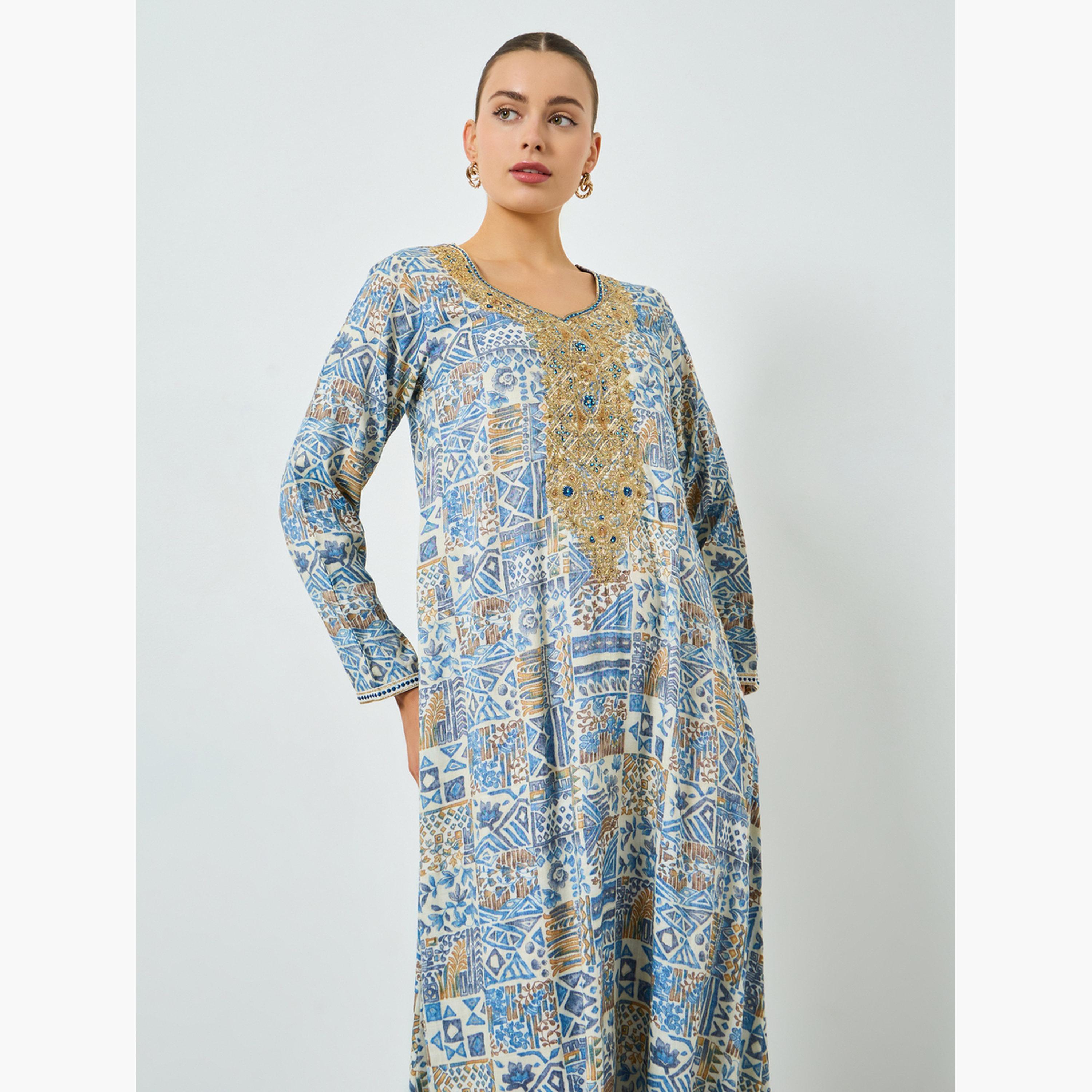 ماكسيم كرييشن - جلابية مطبوعة ومطرزة تصميم A  لون أزرق-women-arabicclothing-jalabiyas-image-3