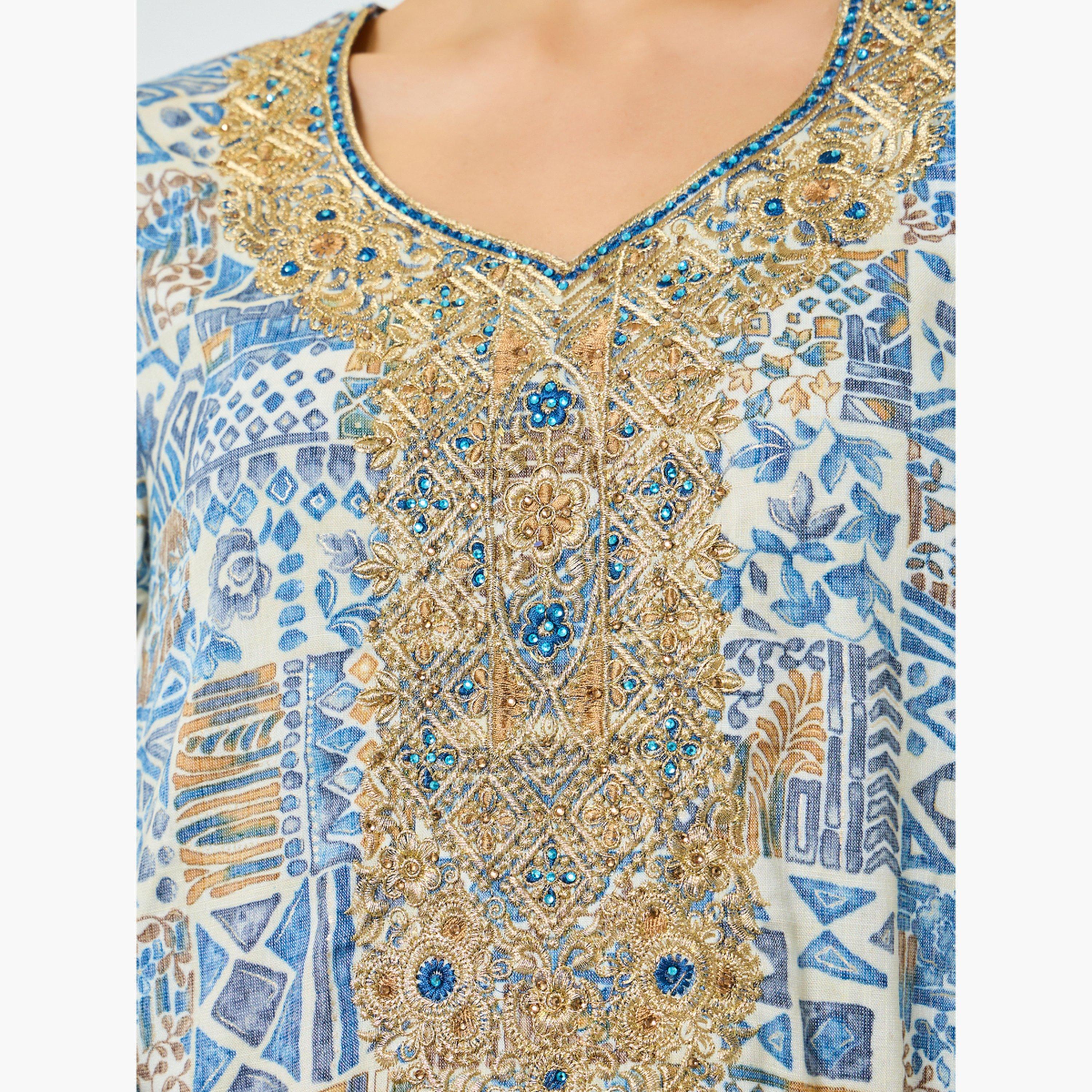 Maxim Creation Blue Printed Embroidered A-Line Jalabiya-women-arabicclothing-jalabiyas-image-4