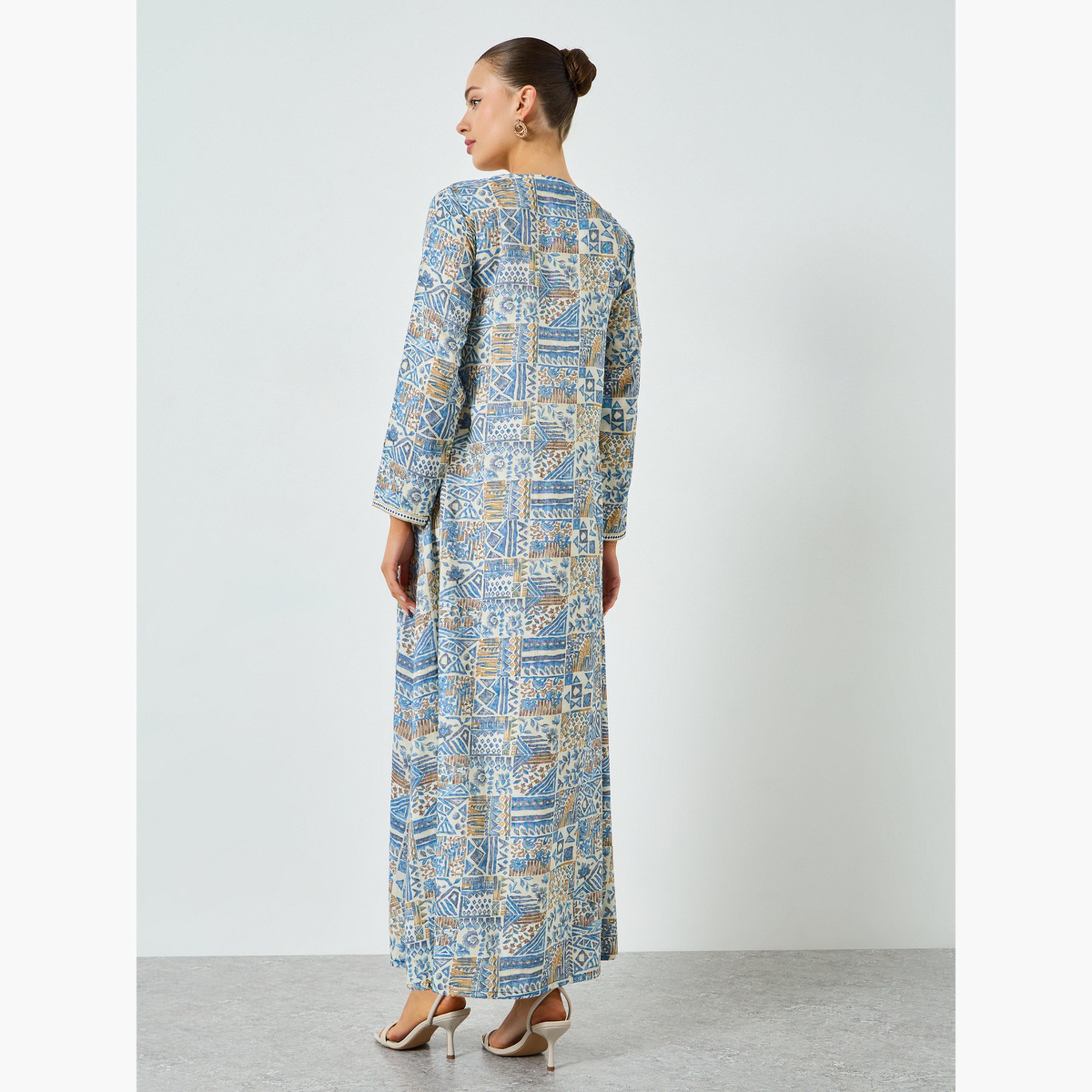 ماكسيم كرييشن - جلابية مطبوعة ومطرزة تصميم A  لون أزرق-women-arabicclothing-jalabiyas-image-5
