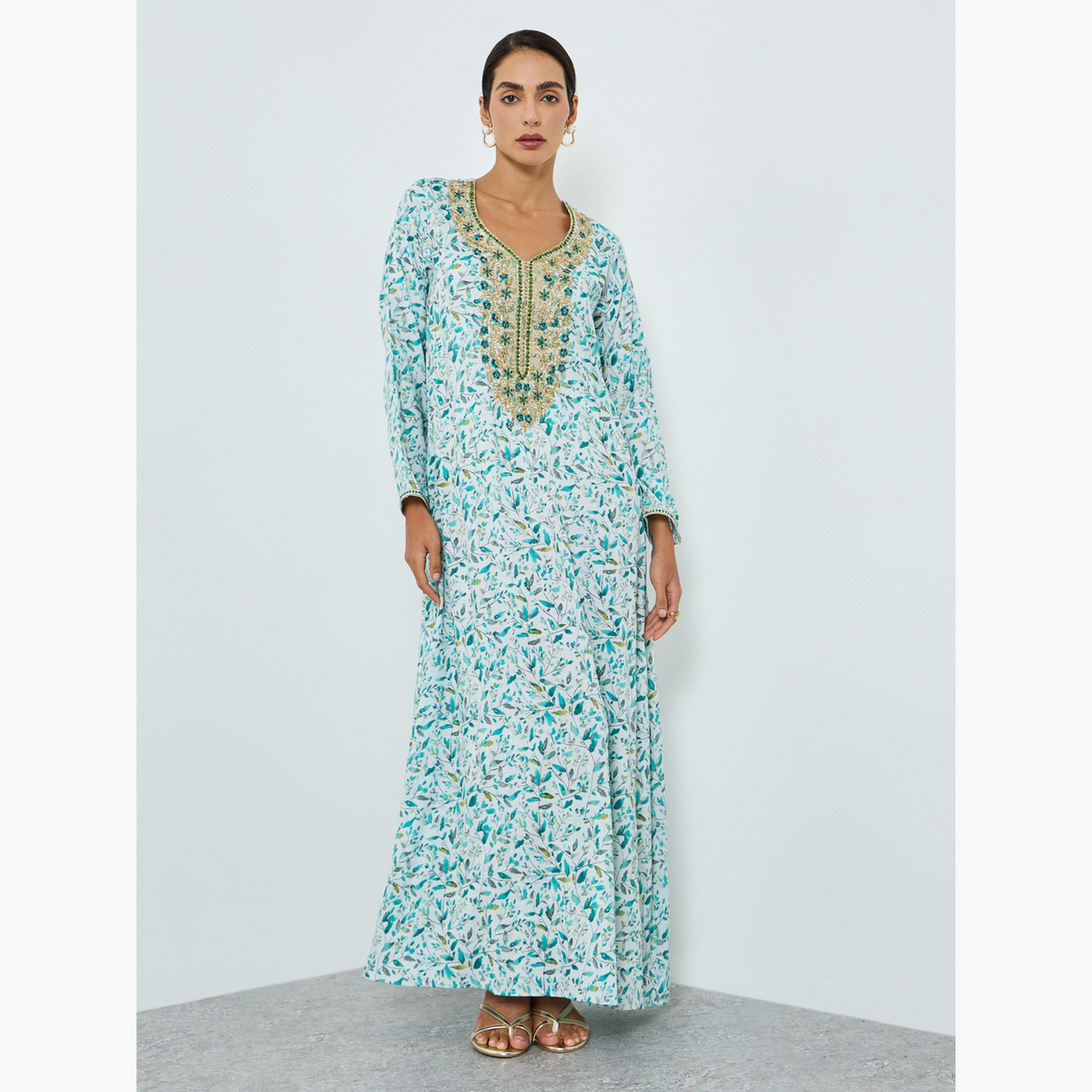 جلابية مطرزة بطبعة زهور للنساء-women-arabicclothing-jalabiyas-image-1