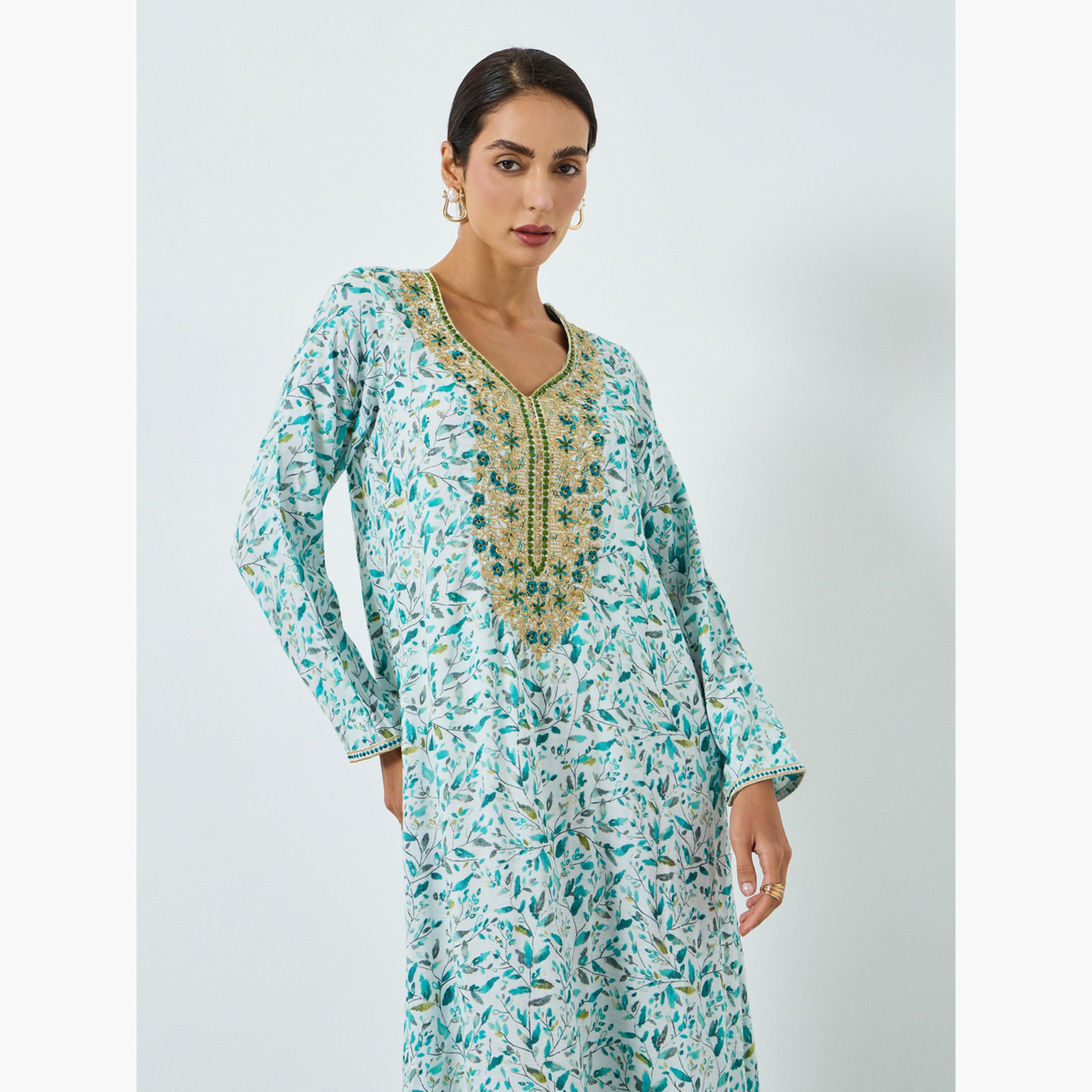 جلابية مطرزة بطبعة زهور للنساء-women-arabicclothing-jalabiyas-image-2