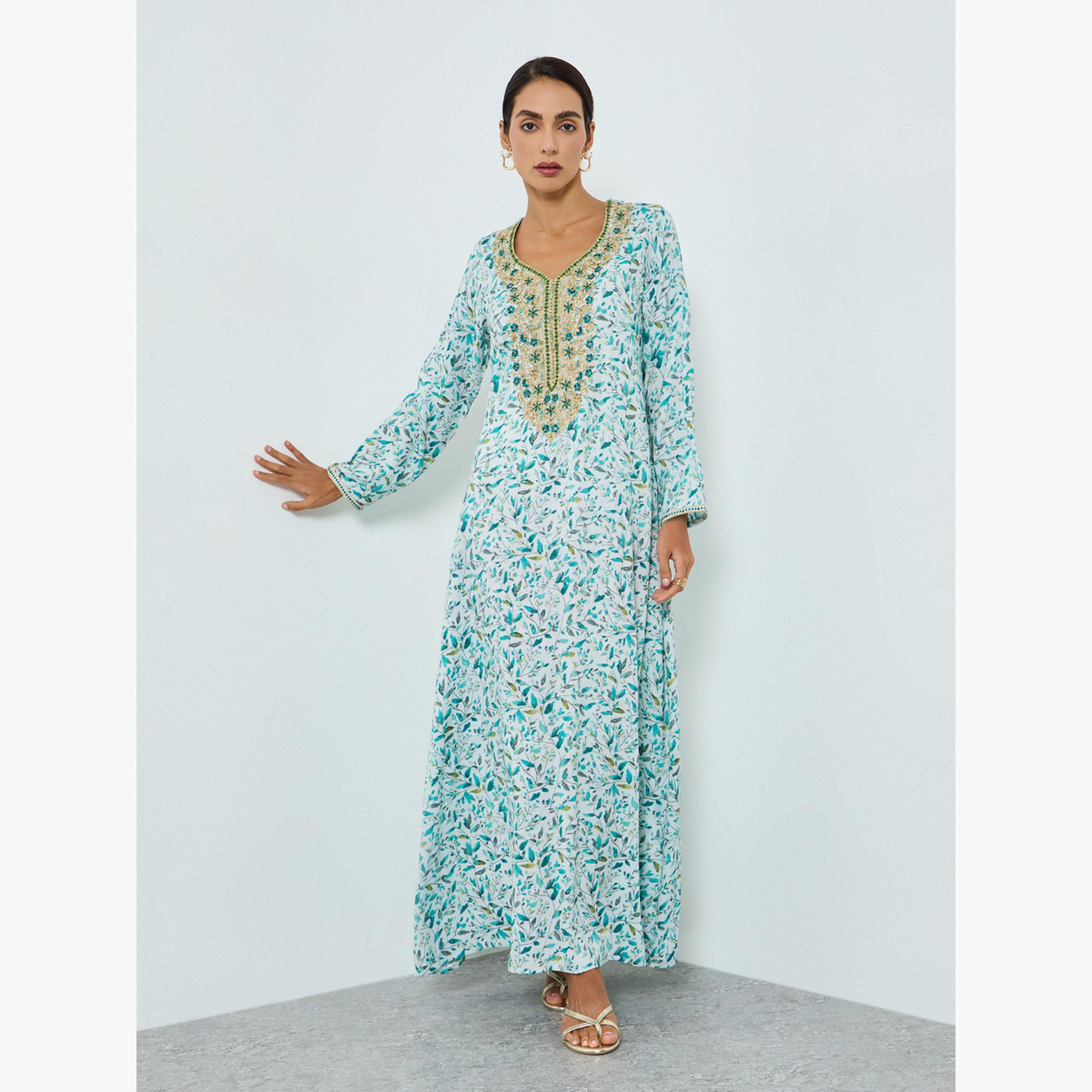 جلابية مطرزة بطبعة زهور للنساء-women-arabicclothing-jalabiyas-image-3