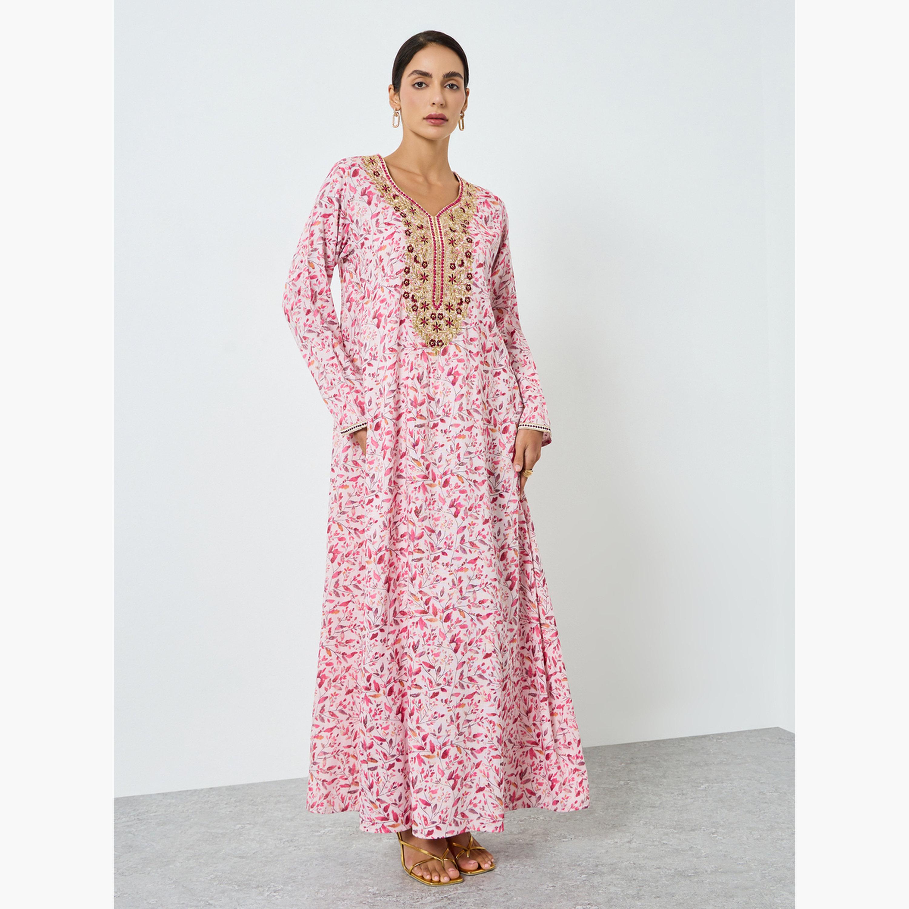 جلابية مطرزة بطبعة زهور للنساء-women-arabicclothing-jalabiyas-image-1