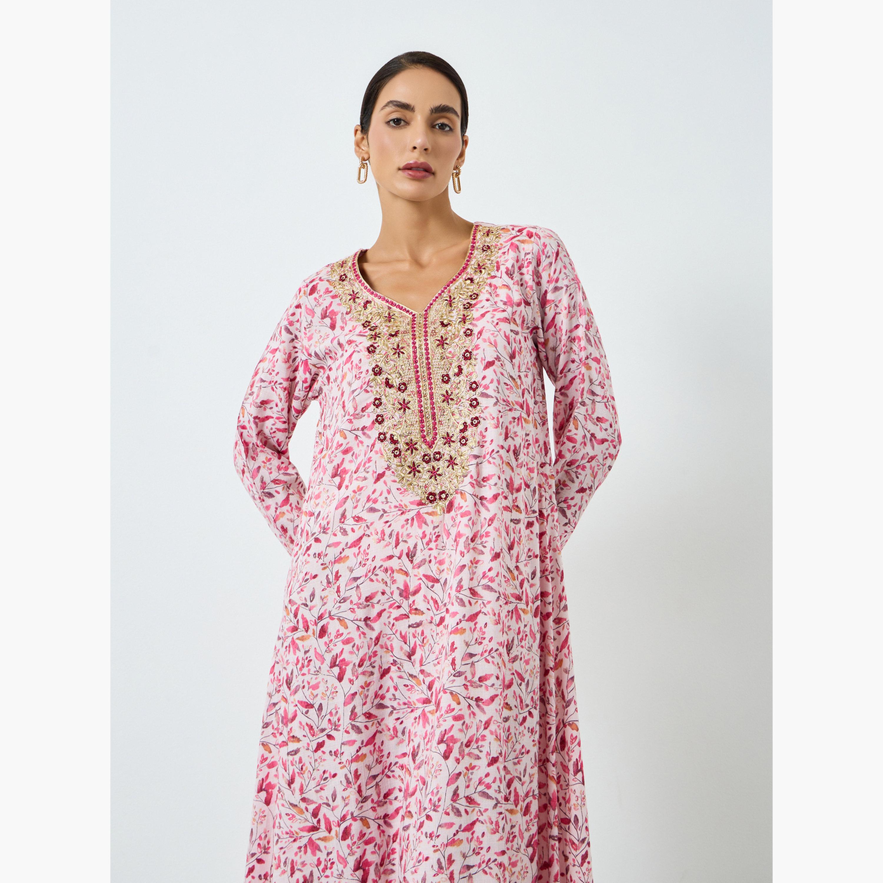 جلابية مطرزة بطبعة زهور للنساء-women-arabicclothing-jalabiyas-image-2