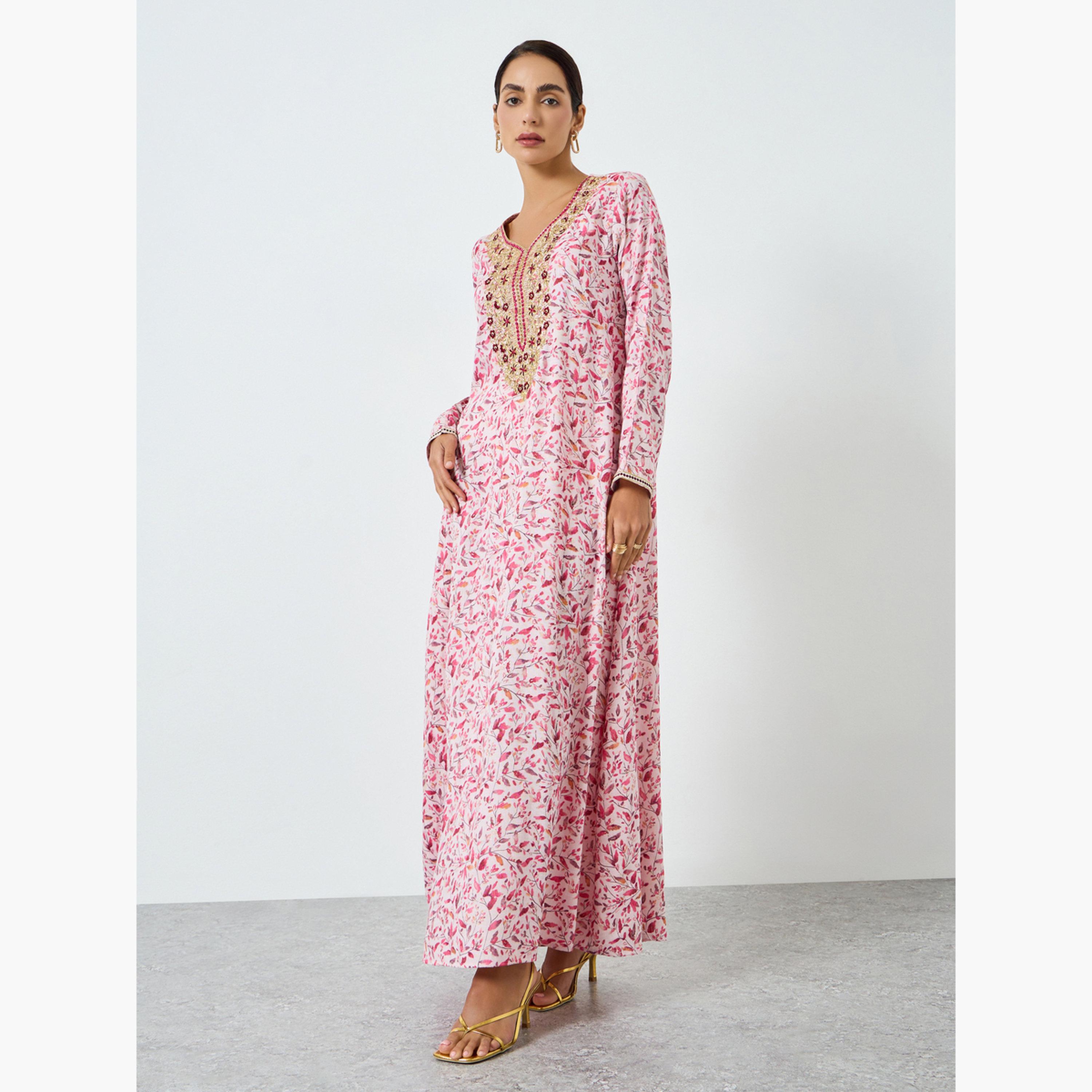 جلابية مطرزة بطبعة زهور للنساء-women-arabicclothing-jalabiyas-image-3