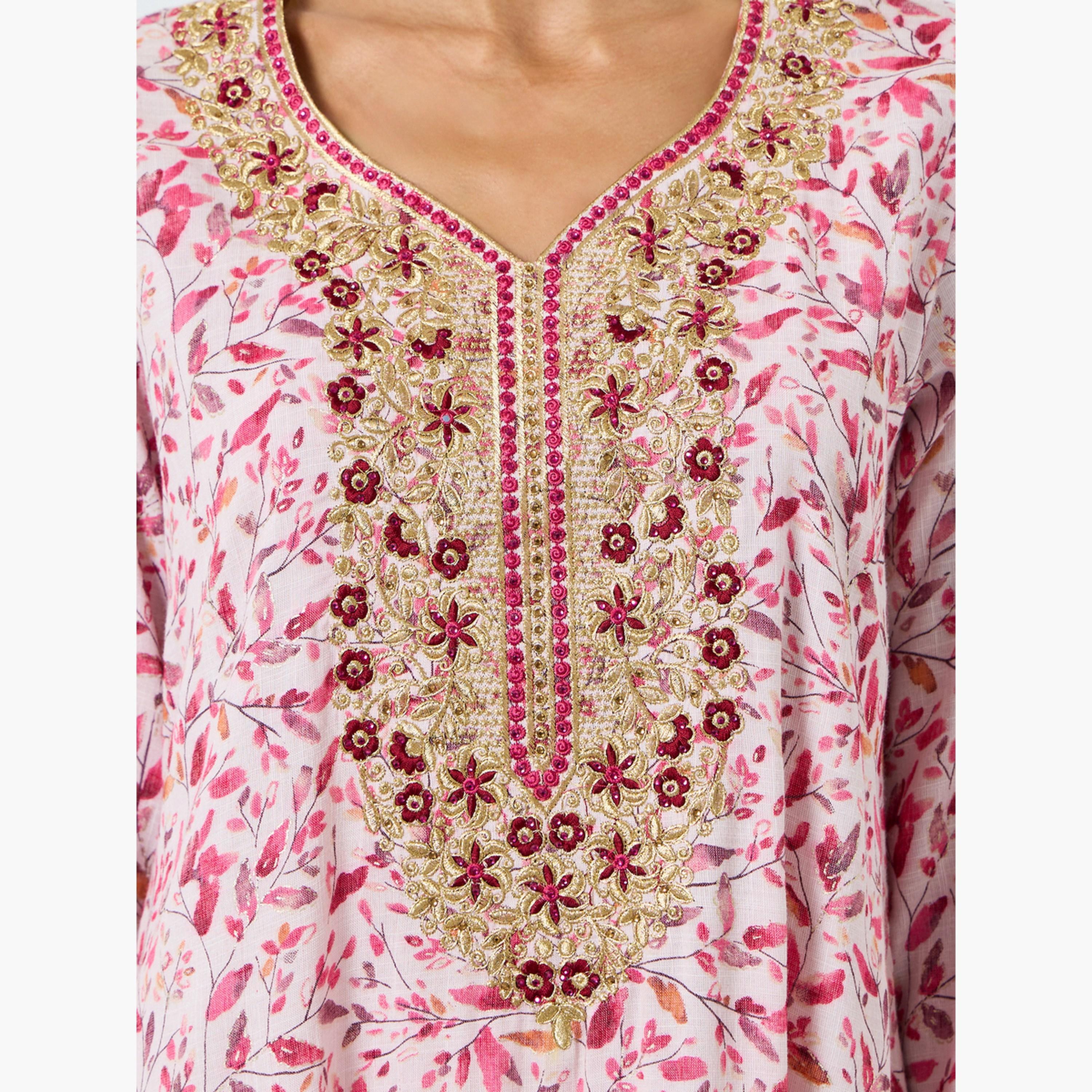 جلابية مطرزة بطبعة زهور للنساء-women-arabicclothing-jalabiyas-image-4