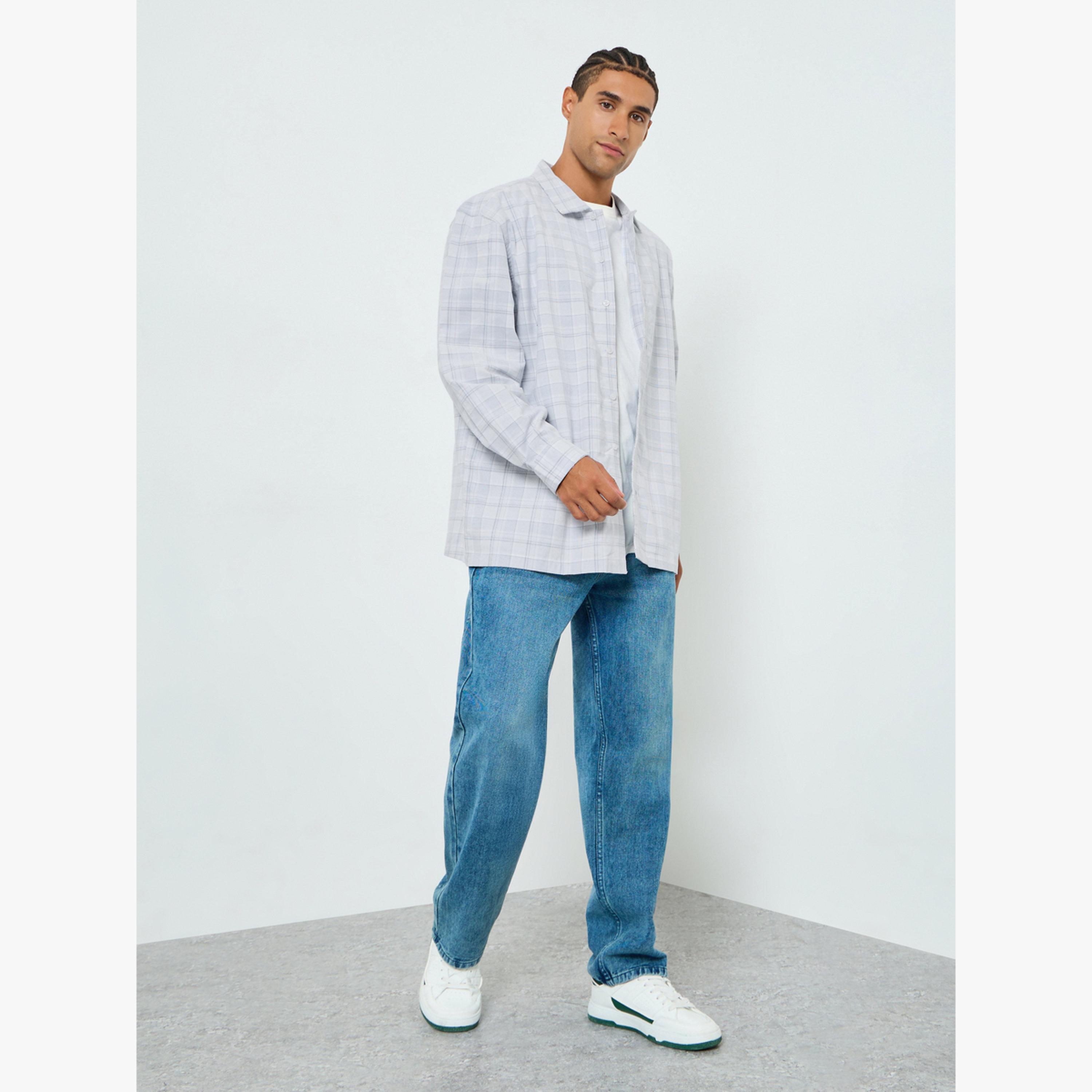 Styli Men Blue Oversized Checked Cotton Shirt-men-clothing-shirts-image-2
