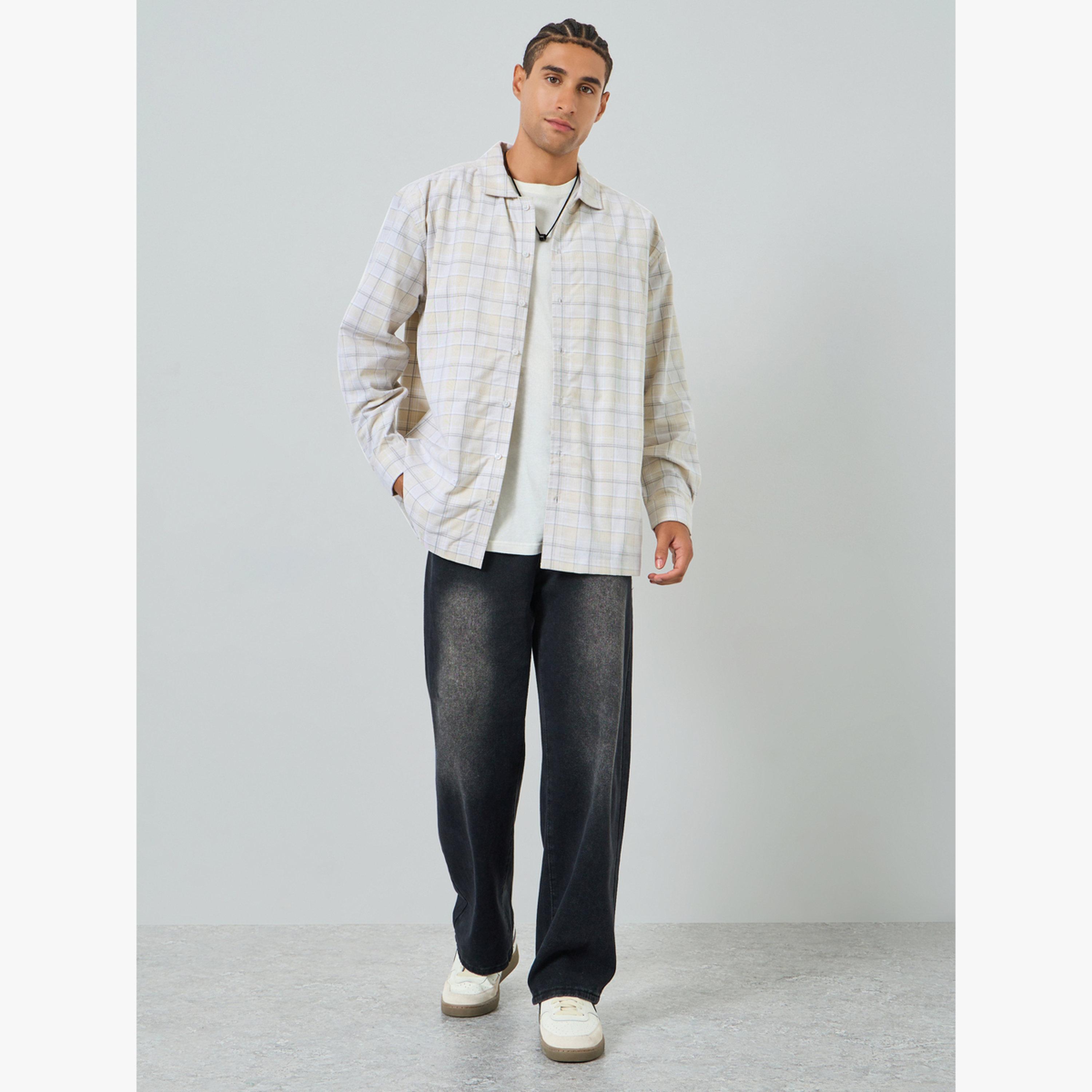 Styli Men Cream Oversized Checked Cotton Shirt-men-clothing-shirts-image-2