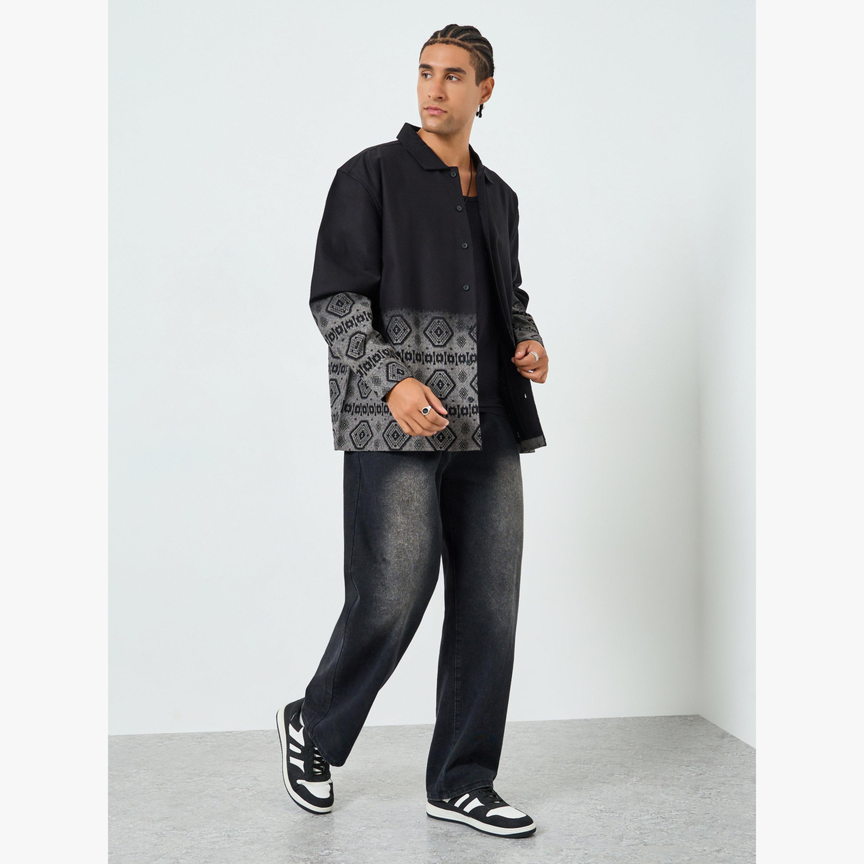 Styli Men Black Oversized Geo Print Cotton Shirt-men-clothing-shirts-image-2