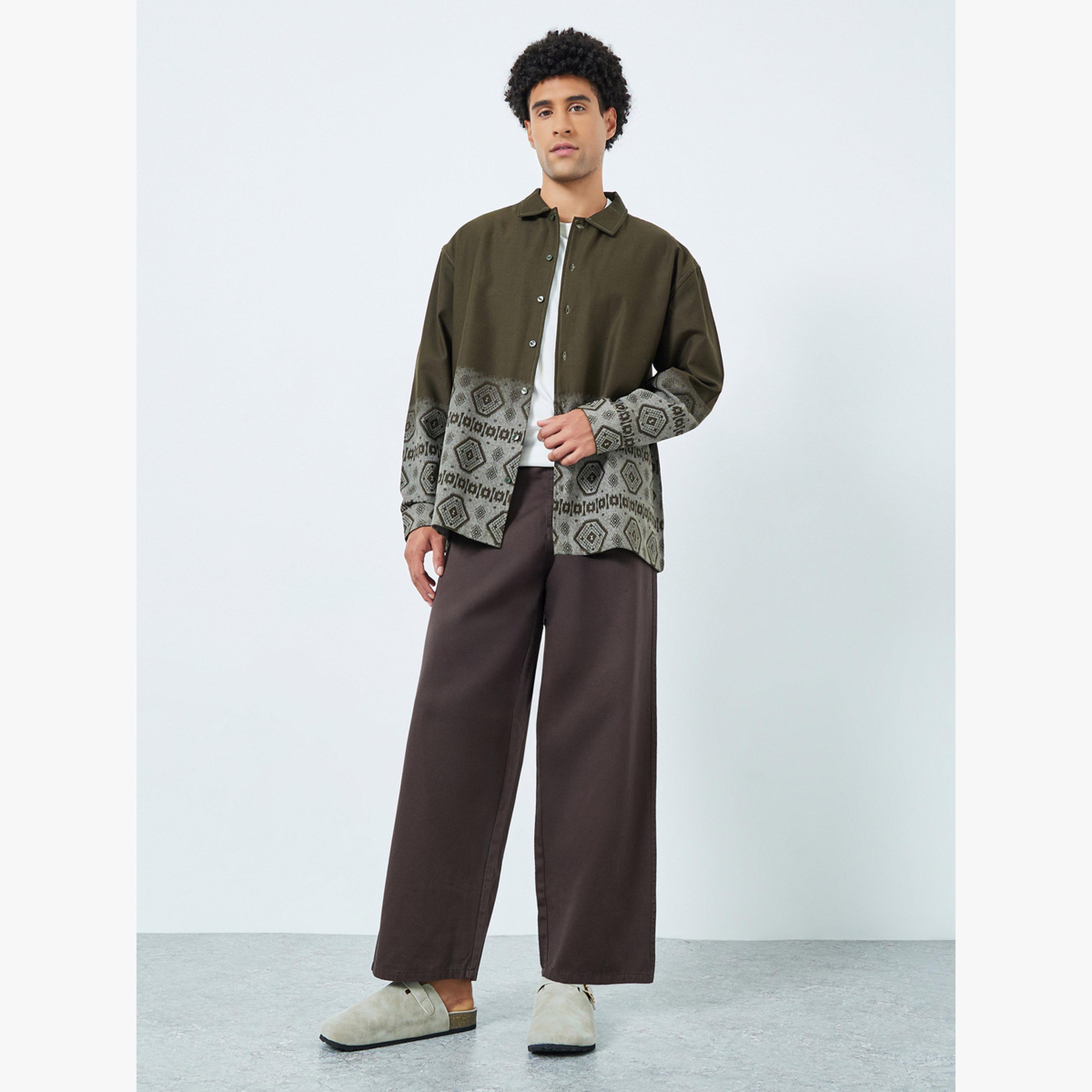 Styli Men Olive Oversized Geo Print Cotton Shirt-men-clothing-shirts-image-2